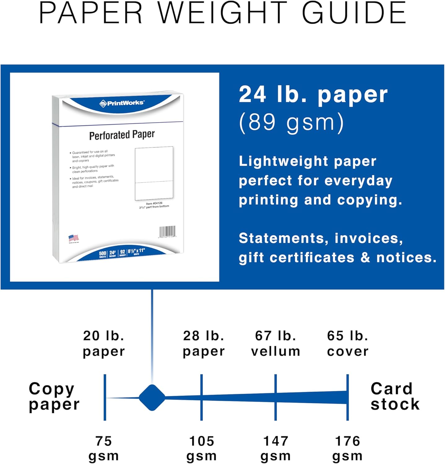PrintWorks Professional 3 2/3" Horizontal Perforated Paper 8.5” x 11” - Perfect For W-2, 1099, & Statement Use - Made in the USA - 500 Sheets - 24 lb - Printer Compatible - White (04126)