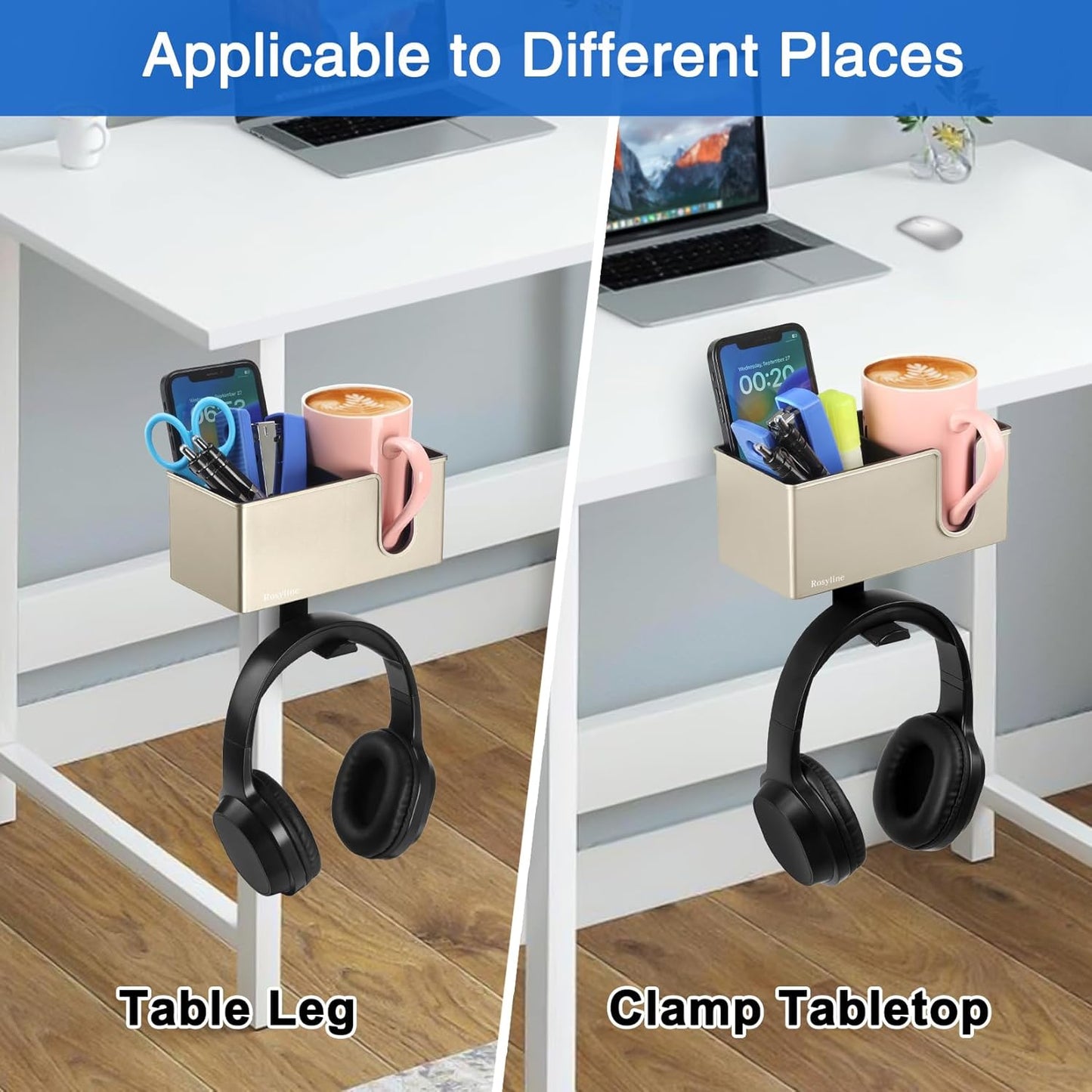 ROSLINE 3-in-1 Clip-on Desk Organizer - Pen, Headphone, and Cup Holder for Expanding Office and Gaming Space (Champagne)