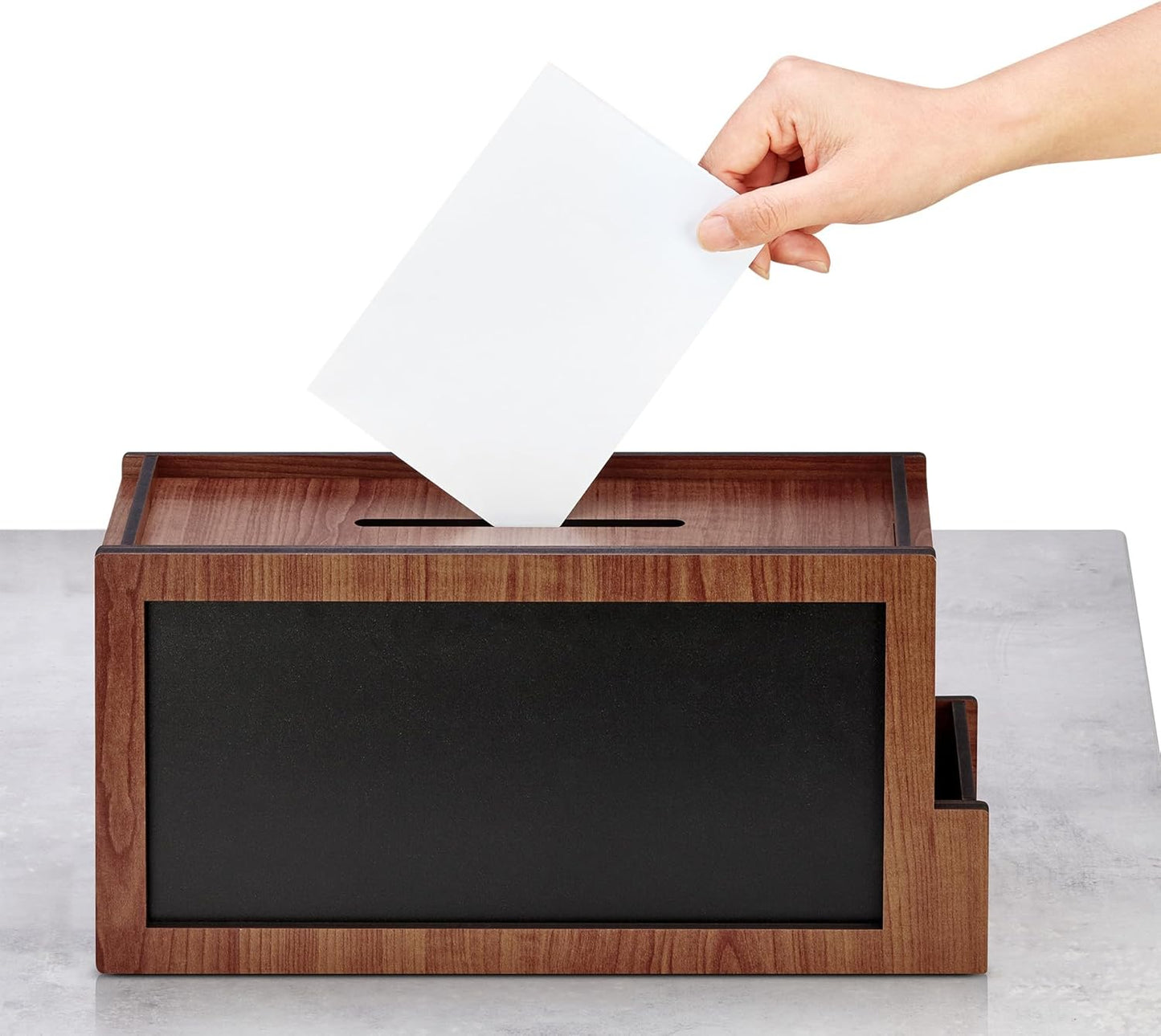 SHUMEI Wooden Suggestion Box with Chalkboard – Feedback, Donation, & Voting Box with Top Slot & Side Holder for Cards and Pens – Ideal for Office, Classroom, or Events