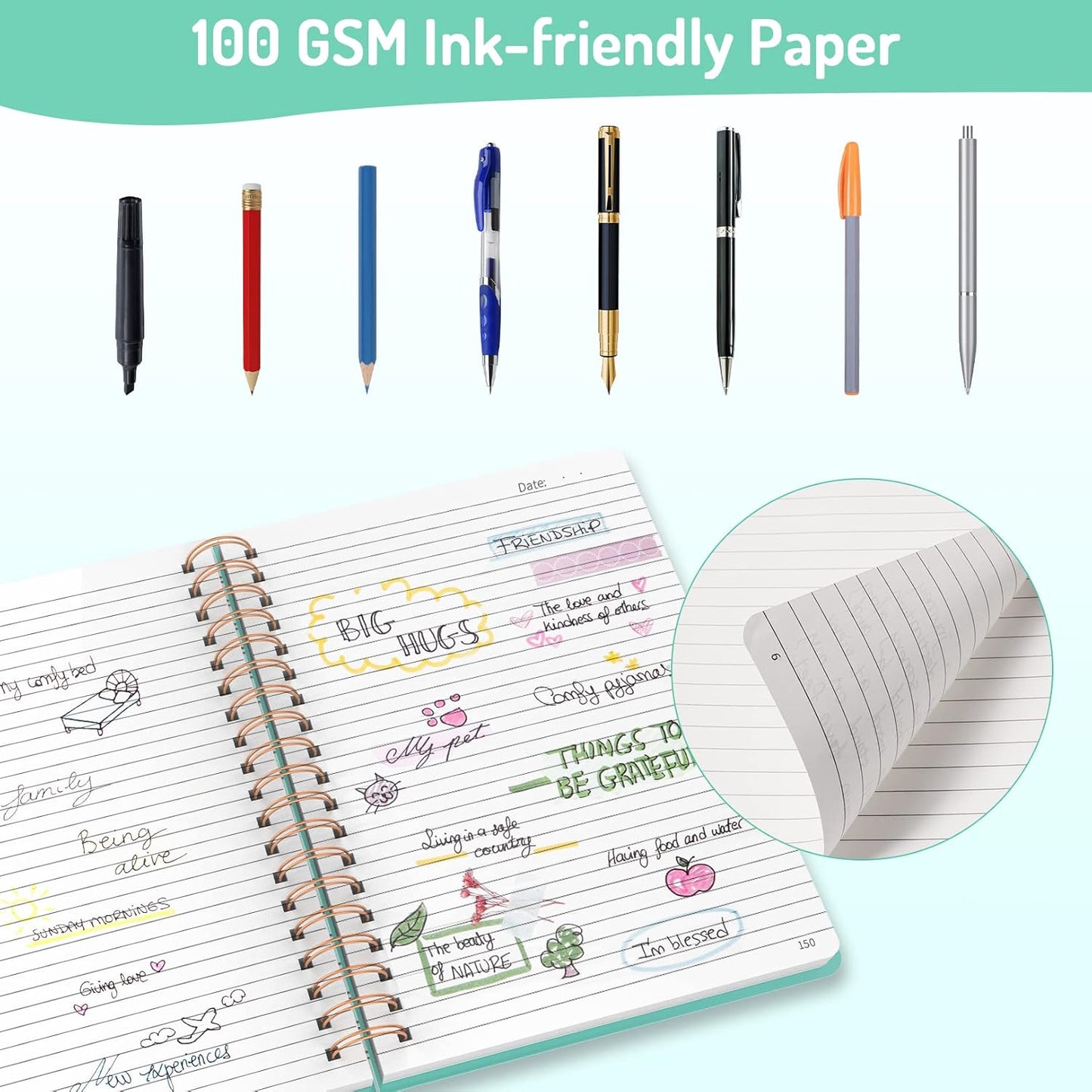 Forvencer A4 Lined Spiral Journal Notebook with 300 Numbered Pages, 11" X 8.5" Thick Journals for Writing with 100GSM Paper, Hardcover Notebooks with Contents for Work, School, Green