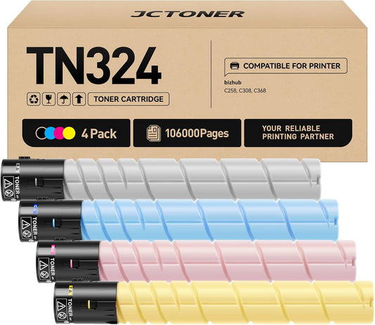 TN324 Toner Cartridges High Yield Replacement for TN324K TN324C TN324M TN324Y Compatible with Konica Minolta bizhub C258 C308 C368 Printer Copier Ink A8DA130 A8DA430 A8DA330 A8DA230 Black Color 4-Pack