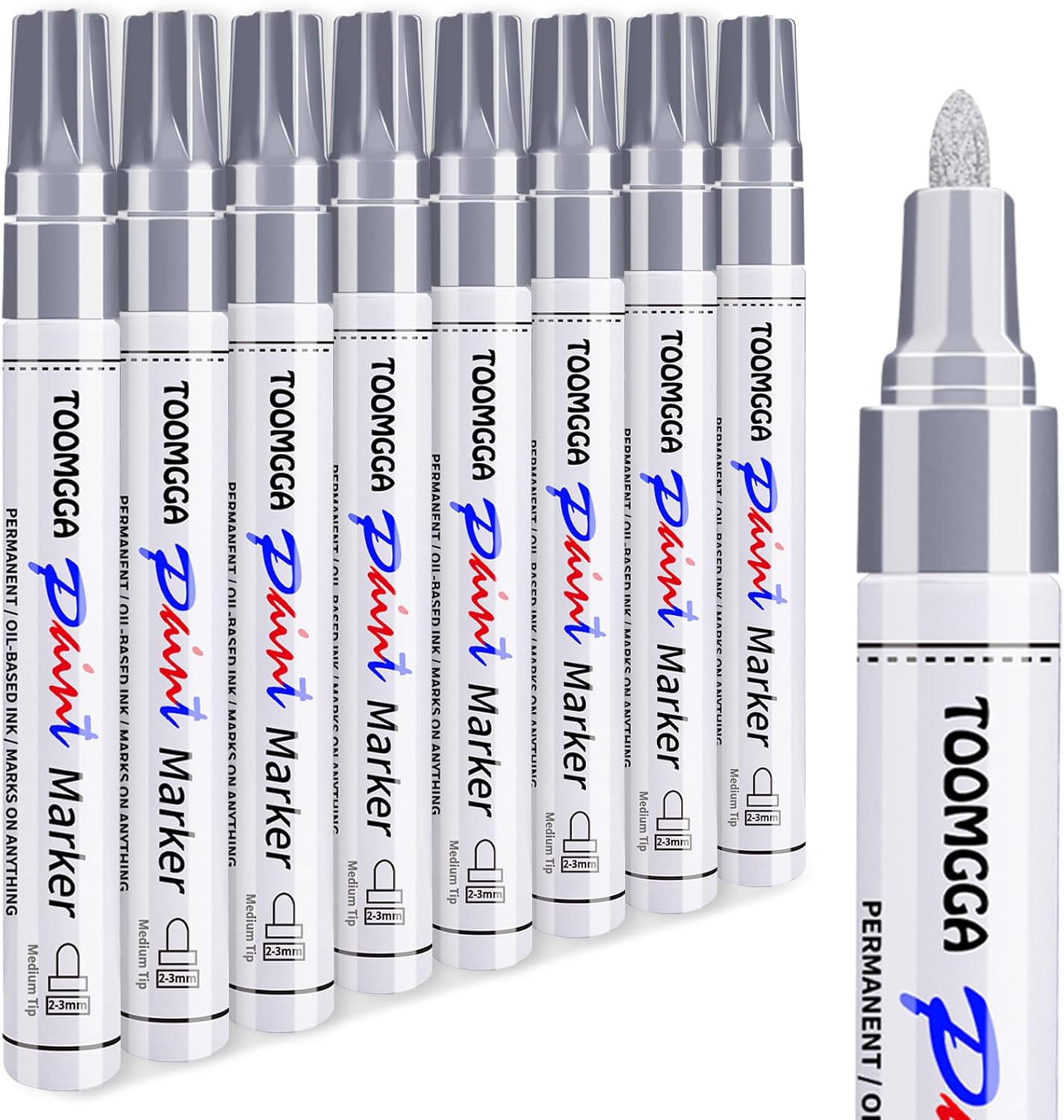Silver Paint Pens Paint Markers - 8 Pack Permanent Markers Oil Based for Metal Wood, Pens for Metal, Car Tyre,Wood, Plastic, Rock Painting, Glass, Craft Supplies,Waterproof