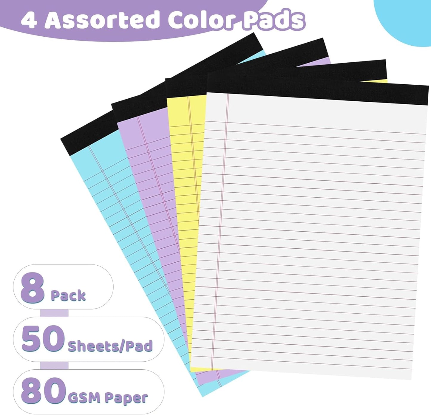 8 Packs Legal Pads 8.5x11, Totally 400 Sheets Colored Legal Pads 8.5x11, College Ruled Writing Pads Small Note Pads 50 Sheets/Pad Tablets Lined Notepad for School, Office, To-Do Lists