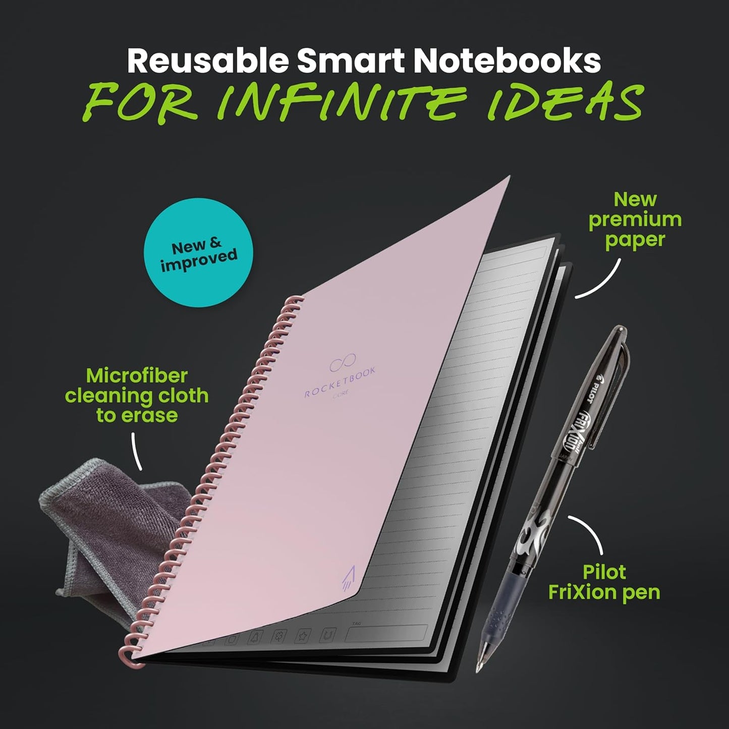 Rocketbook New Core Reusable Spiral Notebook, Letter Size 8.5x11, Pink - Lined Pages, App-Connected, Erasable, Durable Cover, Ideal for School, Work, and Creative Projects