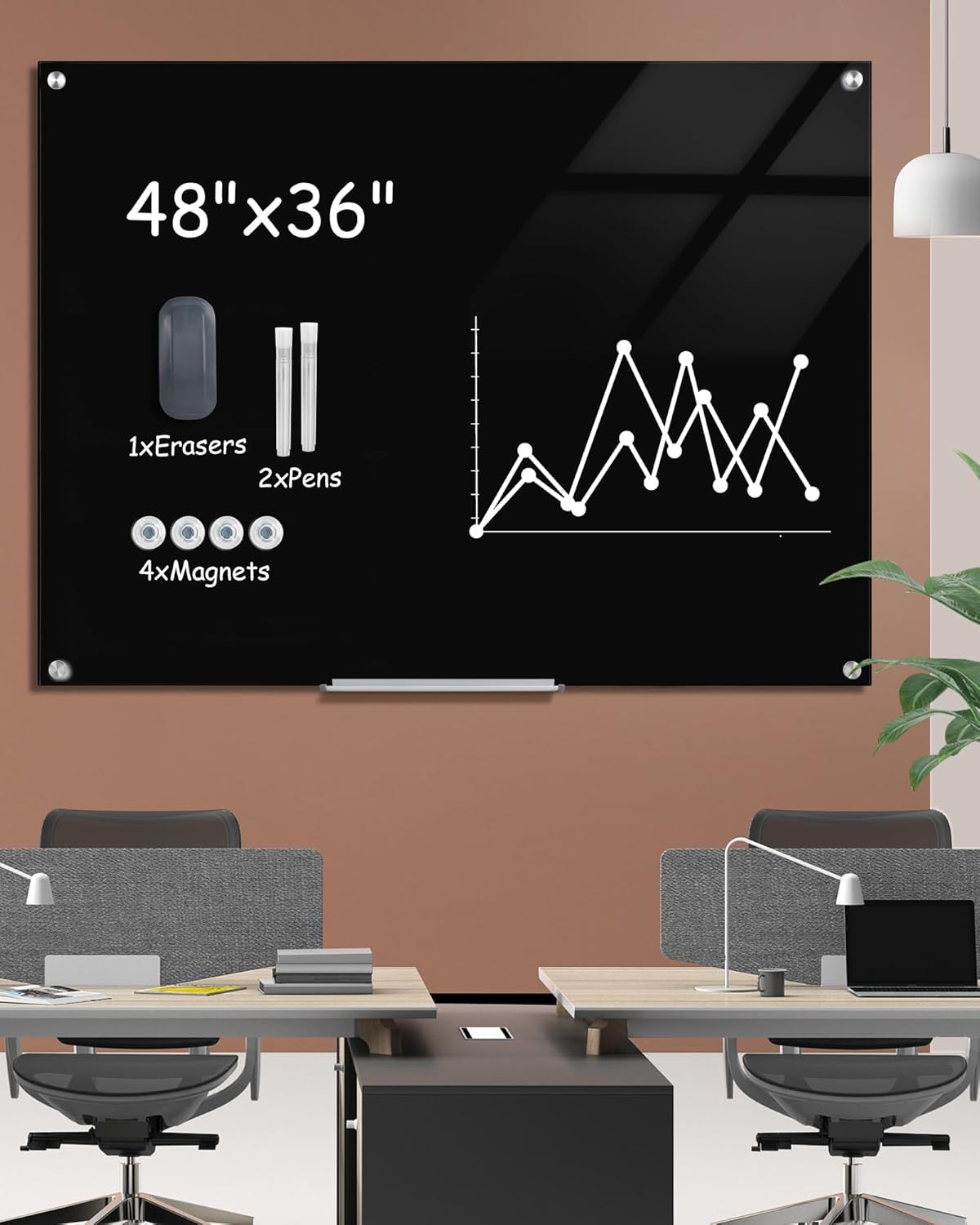 Magnetic Glass Whiteboard，48"x36" Wall Mounted Frameless Dry Erase Board for Office, Home & School Black