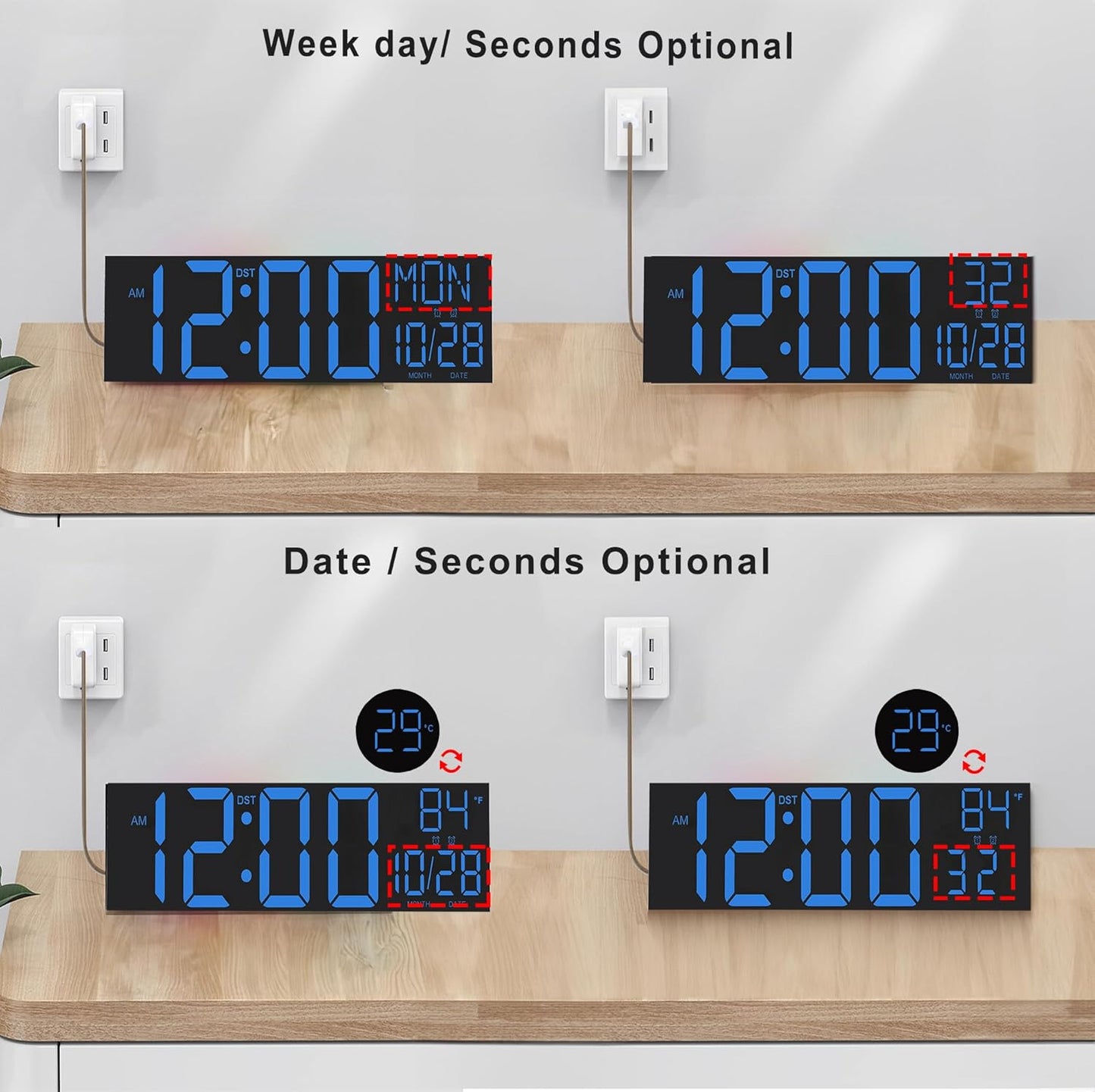 JALL 30" Large Digital Wall Mount Clock with Remote Control, Alarm, Big LED, Countdown, Auto DST, Temperature for Living Room Classroom Desk, Xmas, Birthday Gift for Senior Men Women Mom Dad, Blue