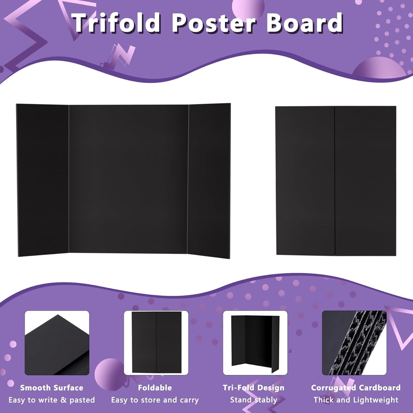 3 Pack Medium Trifold Poster Board 26" x 16" Tri Fold Poster Boards Black Corrugated Cardboard Project Boards for Presentations, School Projects, Science Fair, Exhibition Event Display