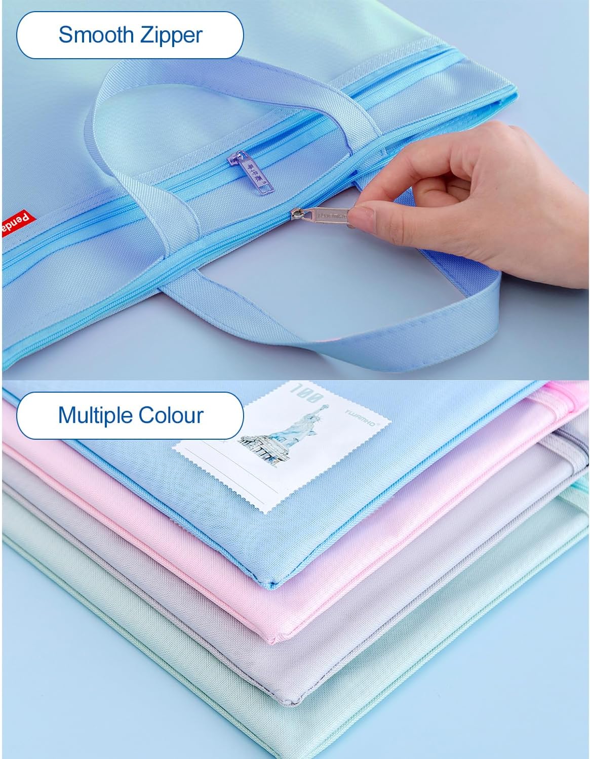 Pendancy Mesh Zipper Pouch 11x13.7 in, Large Double Pocket Waterproof File Bag with Handle, A4 Size Foldable Document Storage for Puzzle Project/Cross Stitch/Travel/Office（Blue）