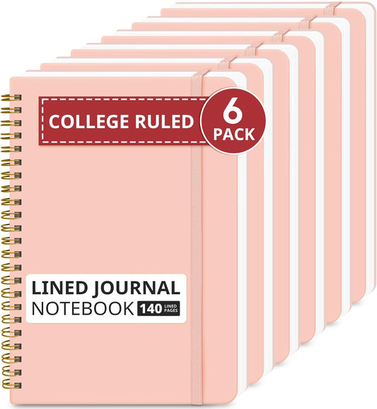 Taja Lined Spiral Journal Notebook for Work, 6 Pack, 140 Pages, College Ruled Hardcover Notebook Journal for Women, 6 Pcs, Journals for Writing, A5(6"x8") - Pink