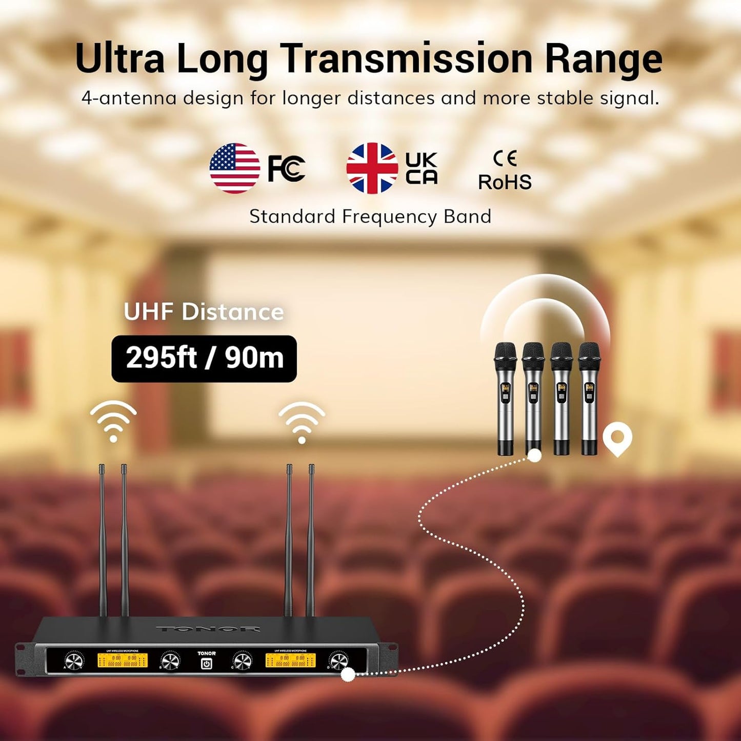TONOR Wireless Microphones System with 4x10 Channels Metal Cordless Handheld Microfonos, 4 Antennas for 295FT UHF Range, Mics with Stable Signal Transmission for Singing Party Church Karaoke, Silver