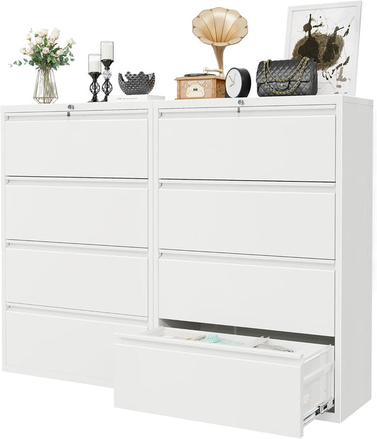 Superday Lateral File Cabinet 4 Drawer Metal File Cabinet with Lock, White Filing Cabinets for Home Office, Locking Filing Cabinets Hanging Files Letter/Legal/F4/A4