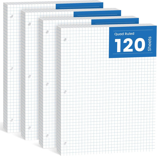 480 Sheets Graph Paper Loose Leaf 8 x 10.5, 8 x 10-1/2’’ Blueprint Quadrille Pad, 4x4 Graph Ruled Filler Paper, 3-Hole Punched Grip Papers Lined Bulk, Loose Leaf Paper 8 x 10.5 with 3-Ring for Binder
