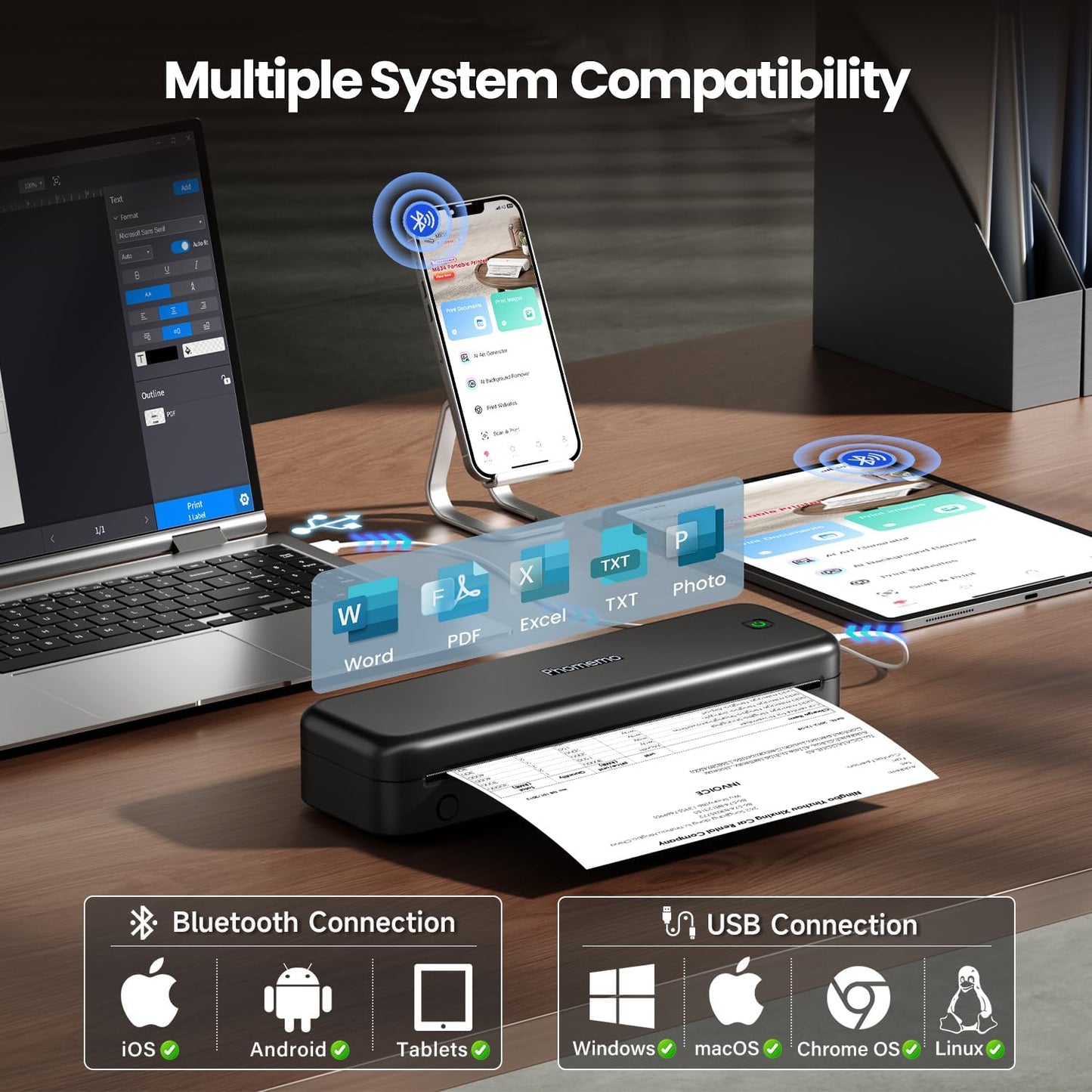 Phomemo Portable Printers Wireless for Travel Upgraded, M834 Bluetooth Thermal Printer 8.5" x 11"& A4 Size,Inkless Mobile Printer with Carry Case for Travel,Office,School,Car,Home,Black