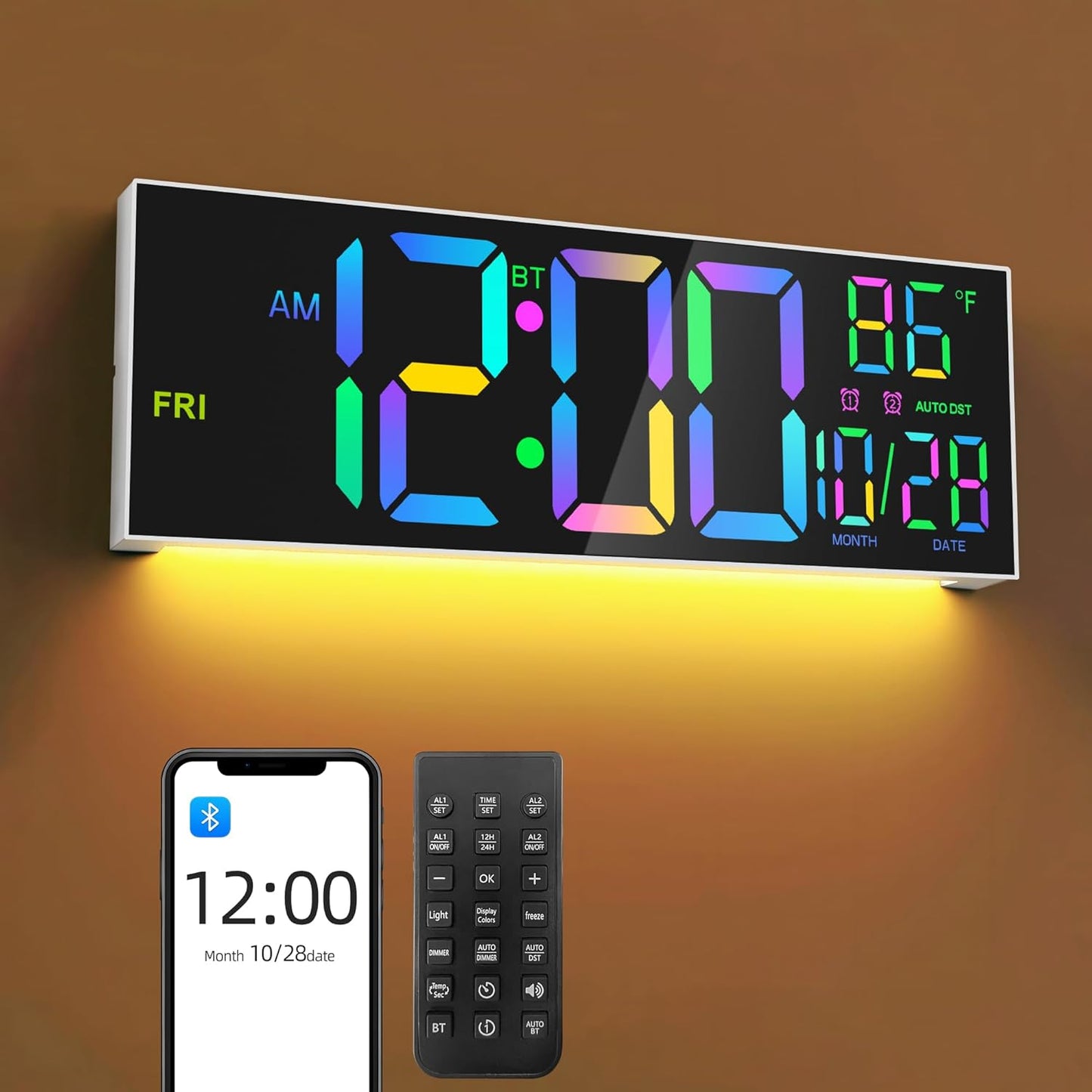 16.5" Large LED Wall Clock with Bluetooth Sync, Night Light, DST, 2 Alarms, RGB Color, Temperature, Remote Control, 12/24H, Timer for Living Room, Bedroom, Desk, Gift for Mother Father Elderly