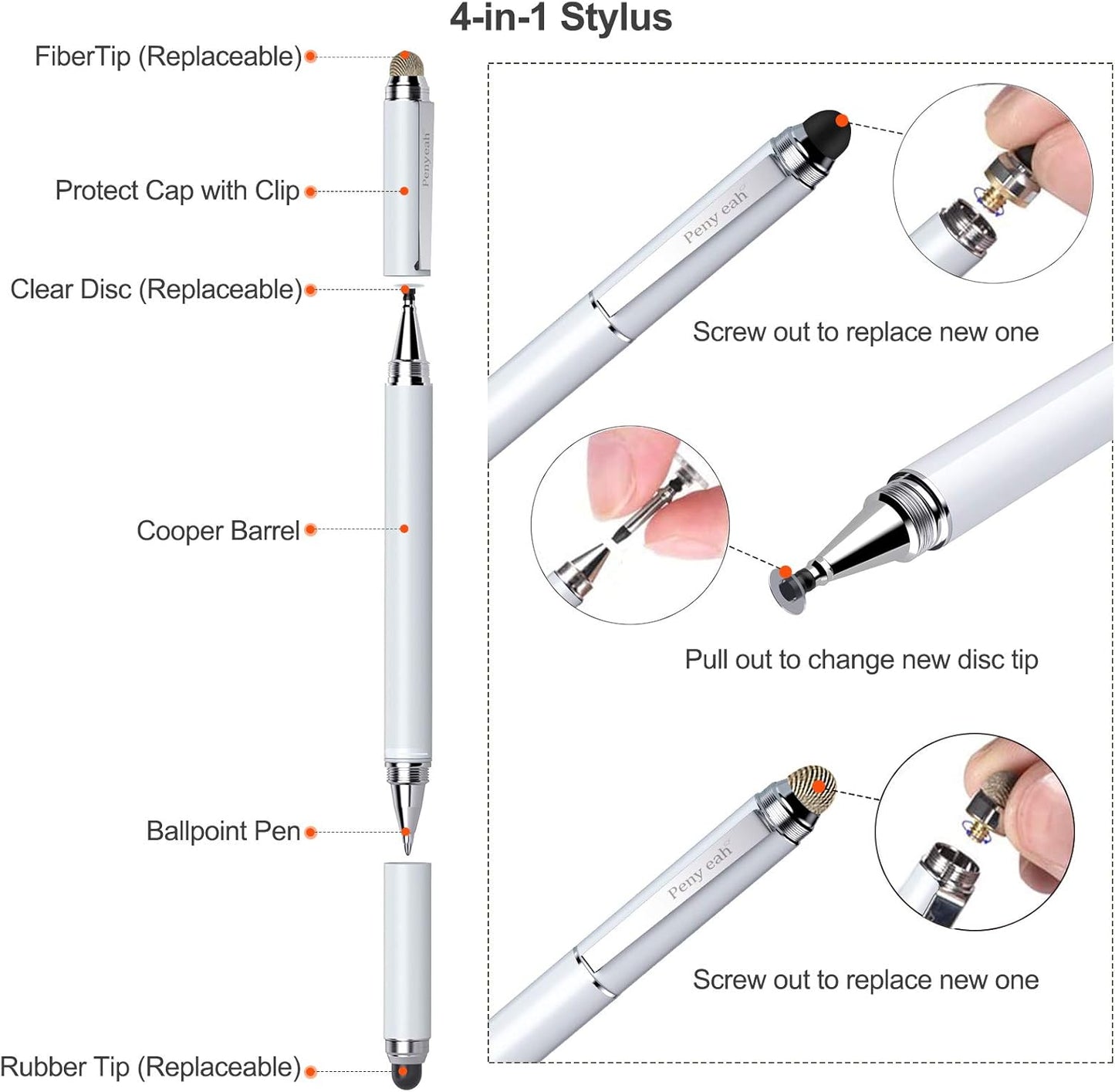 Stylus Pen for Touchscreen - Versatile 4 in 1 High Sensitivity and Precision Tablet Stylus Pen, Universal for iPad,iPhone,Samsung,Android All Capacitive Touch Screens-White