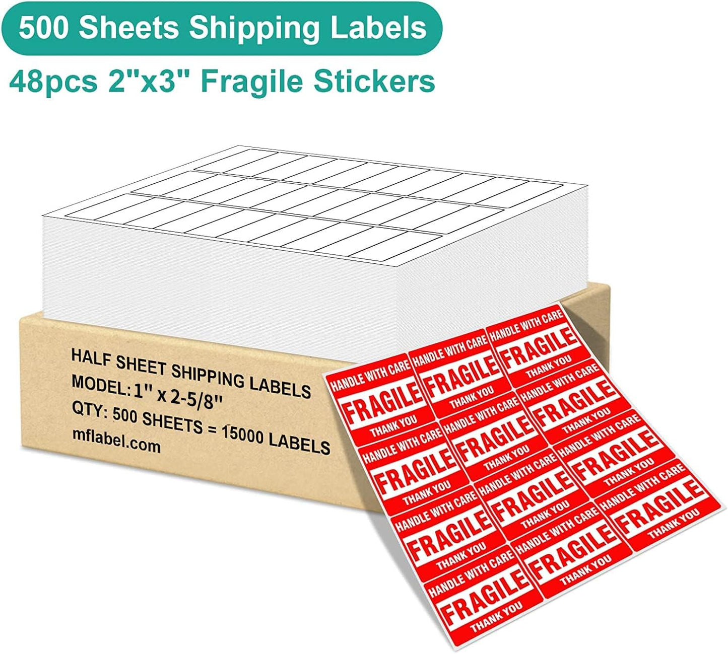 MFLABEL 1" x 2-5/8" Address Labels for Laser & Inkjet Printers 15,000 White Shipping Stickers(500Sheets,30/Sheet)+48 Free Fragile Stickers | Easy Peel,Mailing Labels for Packages, Shipping
