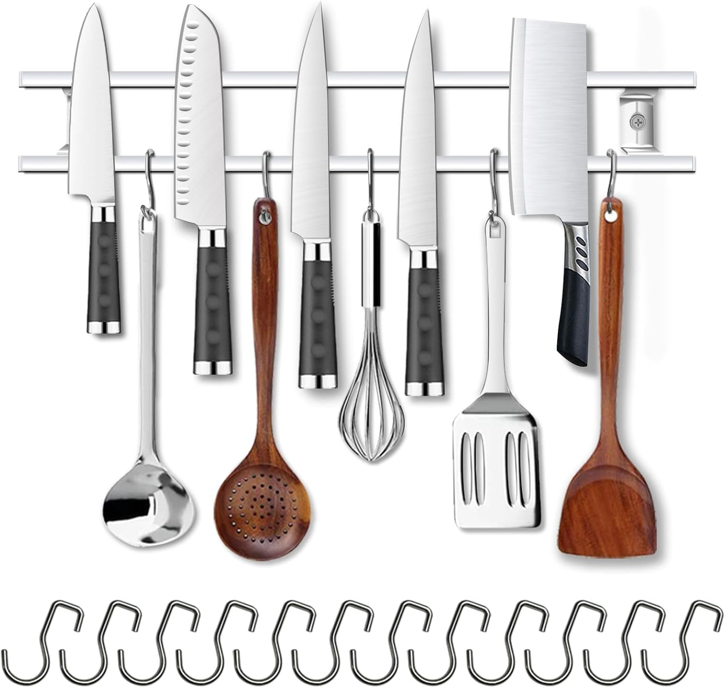 YIIYIIN 18 Inch Magnetic Knife Holder for Wall Mount-Magnetic Knife Strips with 12 Hook-304 Stainless Steel Wall Magnetic Knife Bar Rack-Knife Block-Knife Rack-Utensil Hanger-Kitchen Utensil Holder
