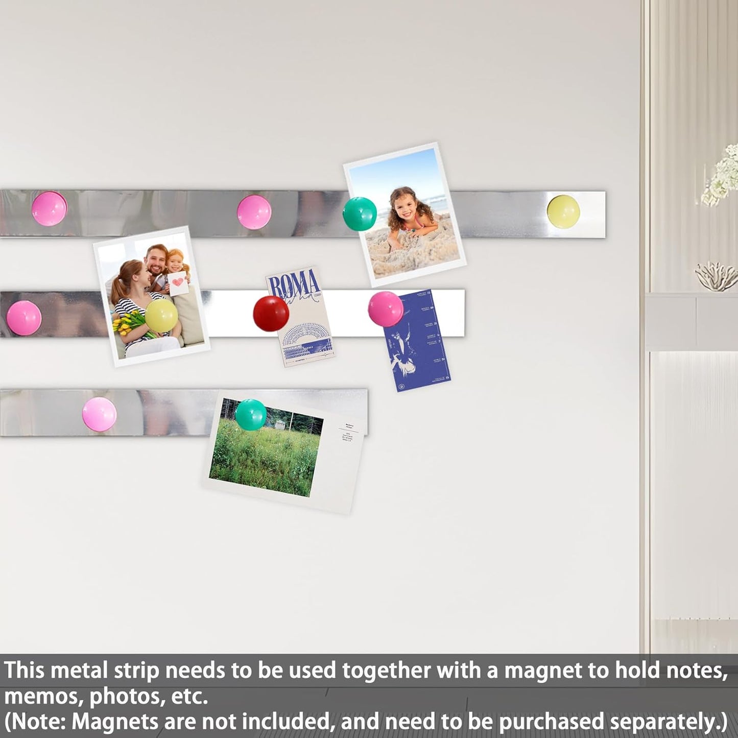 Flexible Self Adhesive Metal Strip for Magnet, Strong Peel and Stick Ferrous Tape Roll with 50pcs Magnets for Workshop, Office, School and Home Decoration (Shiny Silver, 16.4ft x 1.6inch)