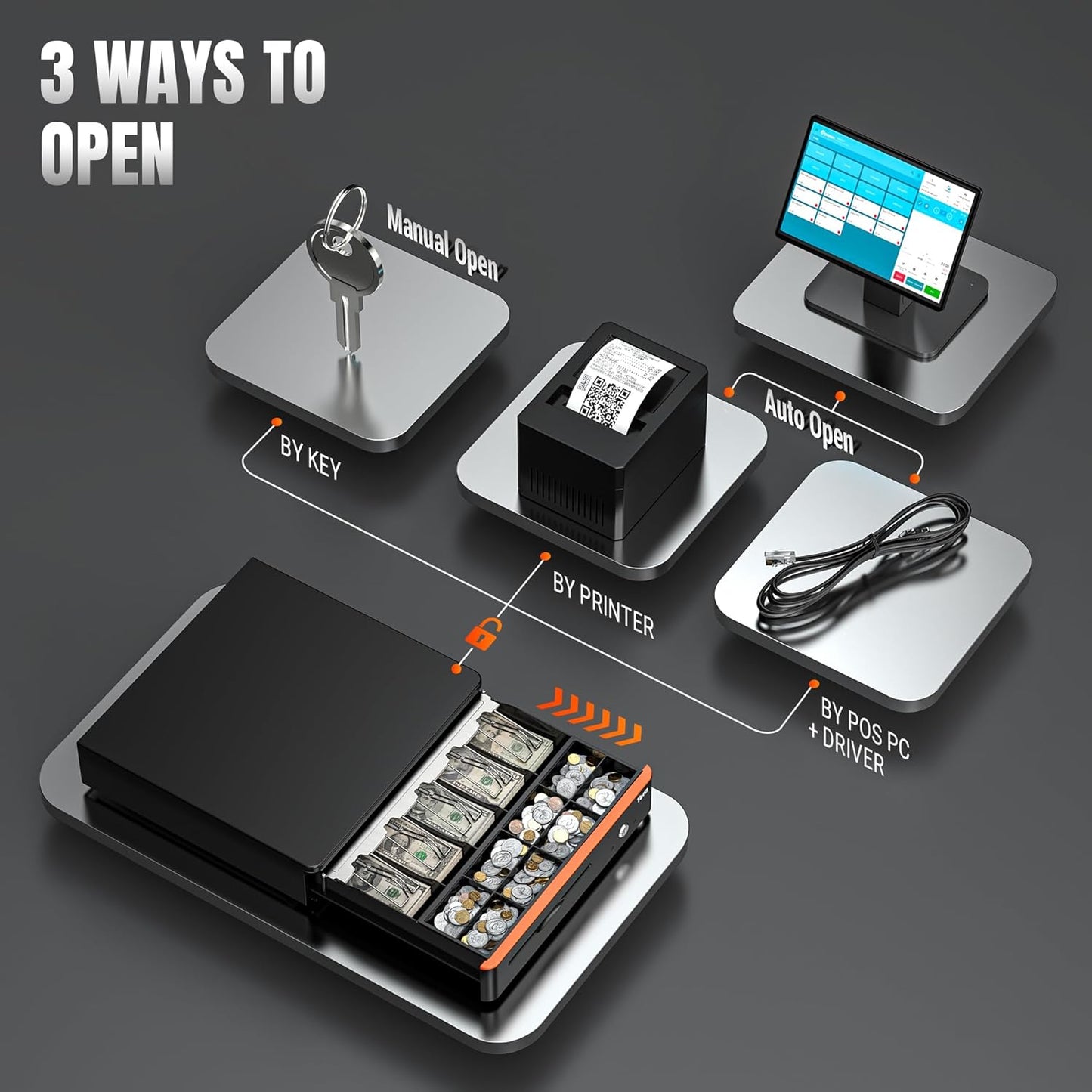 Tera 16 inch Auto Open Cash Drawer with Heavy Duty Insert Tray 5 Bill 8 Coin for POS System Removable Cash Tray Media Slot 24V RJ12 Key-Lock (Round Corner) for Small Business Retail 405R