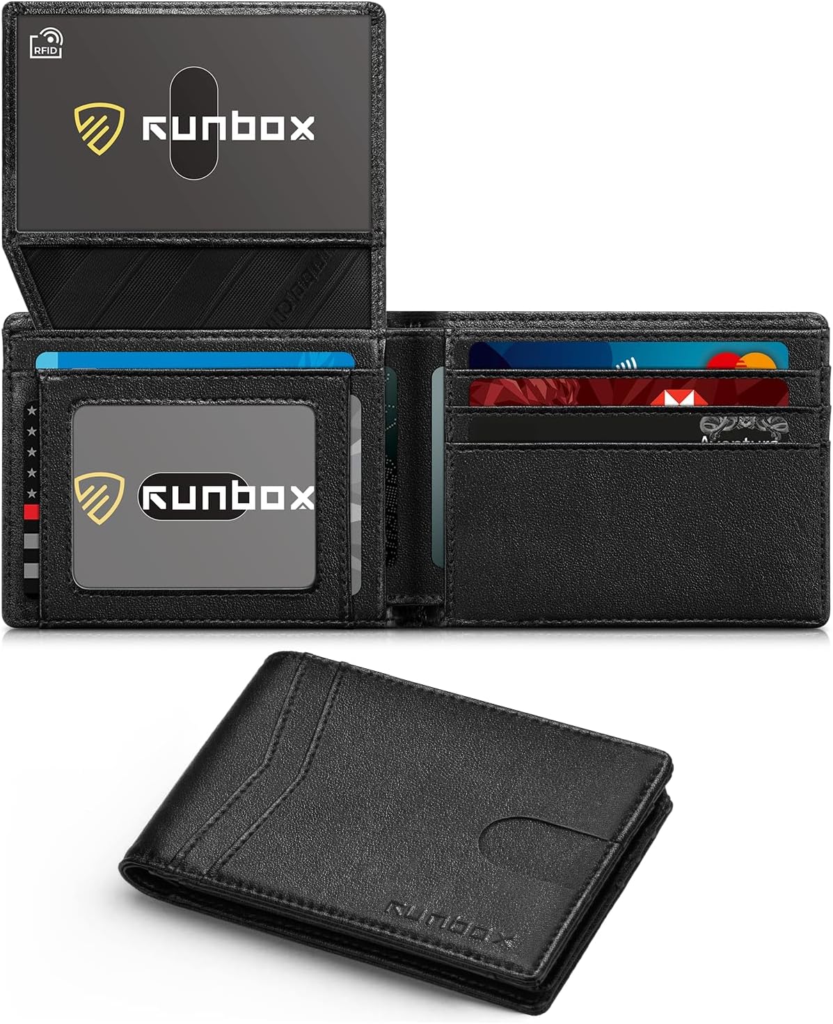 RUNBOX Wallet for Men Slim Rfid Leather 2 ID Window With Gift Box
