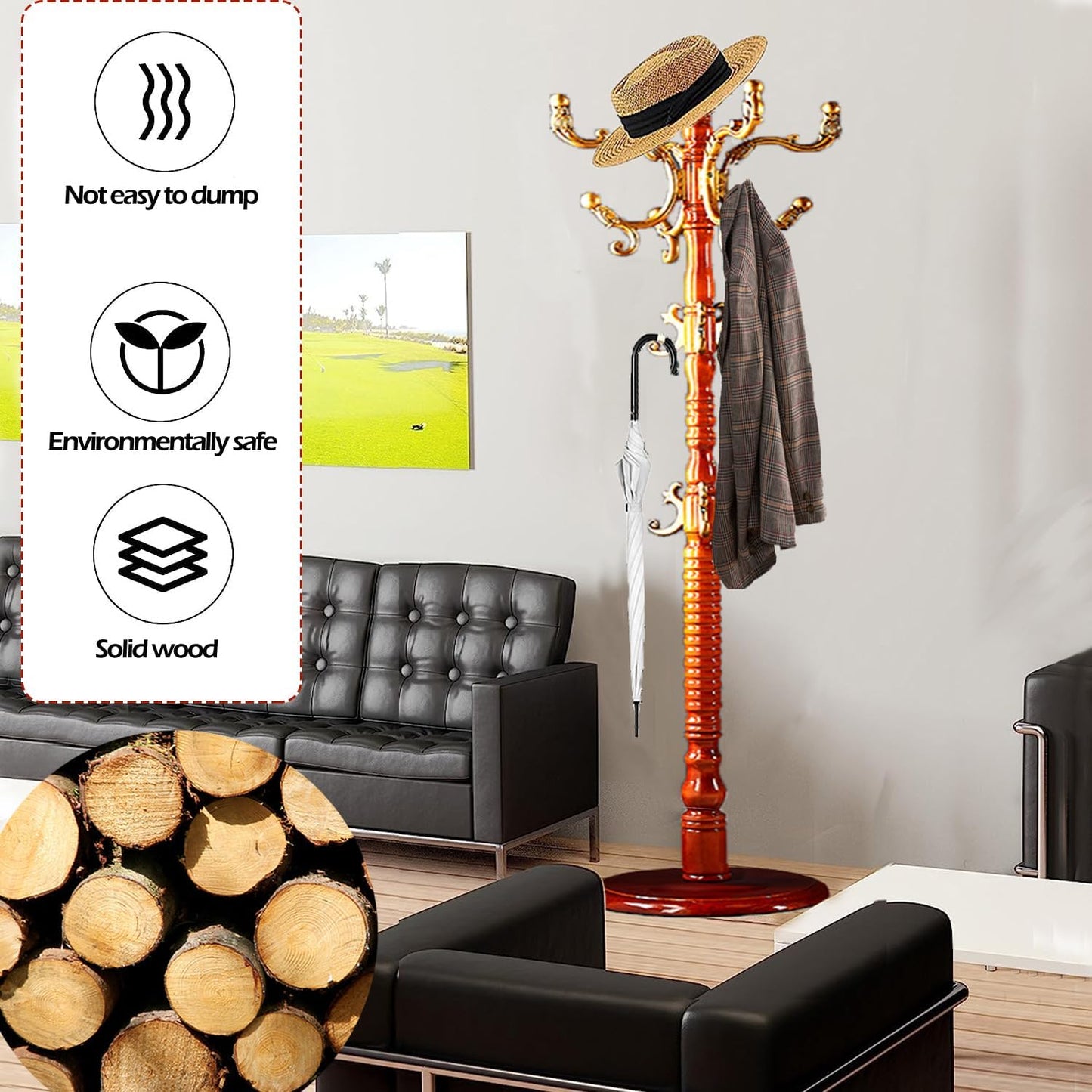 Coat Racks Free Standing with 14 Hooks, Natural Wood Coat Stands for Entryway, Adjustable Height 73 in Tree Coat Rack Stand for Hallway Home Office Bedroom (Begonia)