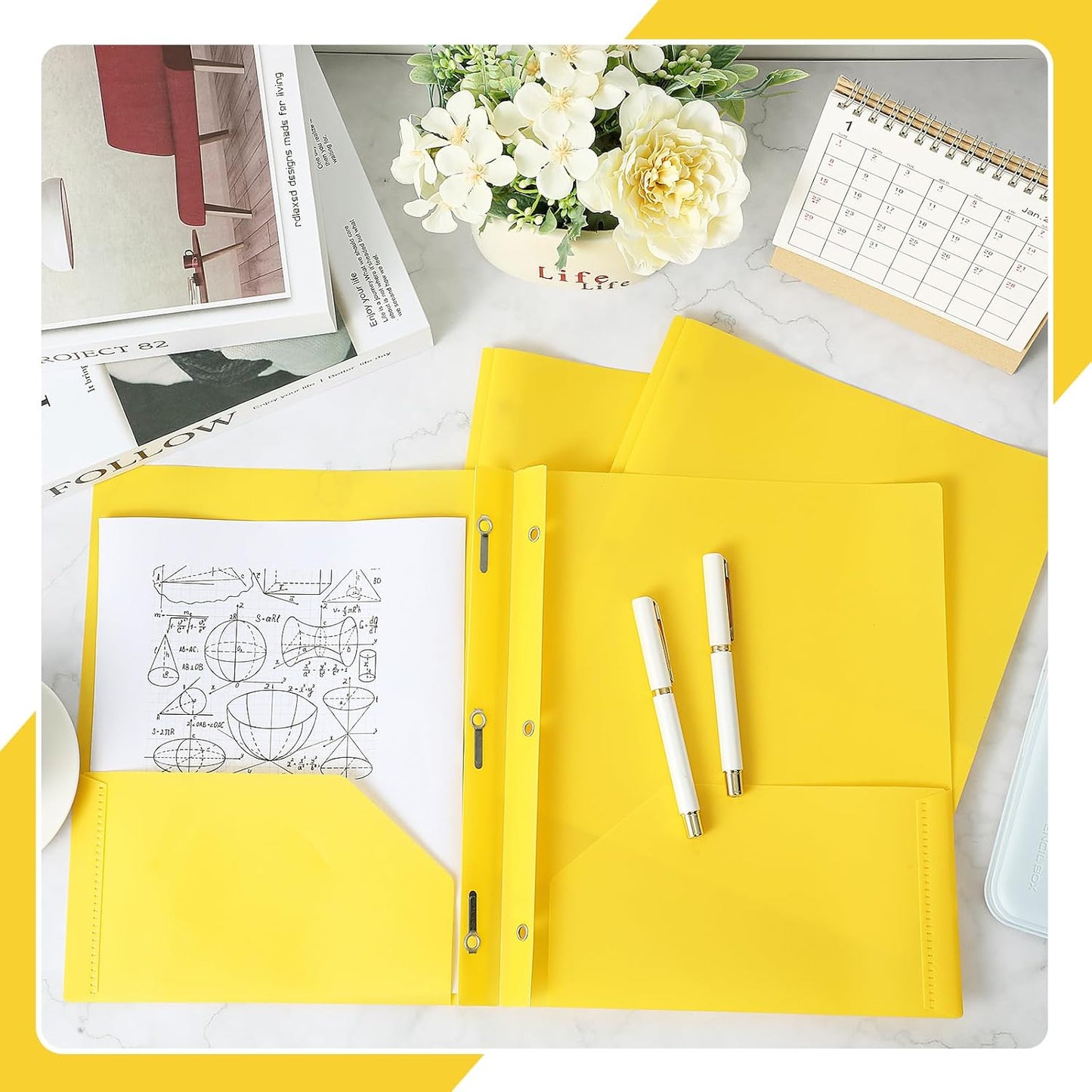 Lincia 100 Pcs Plastic Folders with 2 Pockets and Prongs for Office, School, Students, Teachers, Office Workers (Yellow)