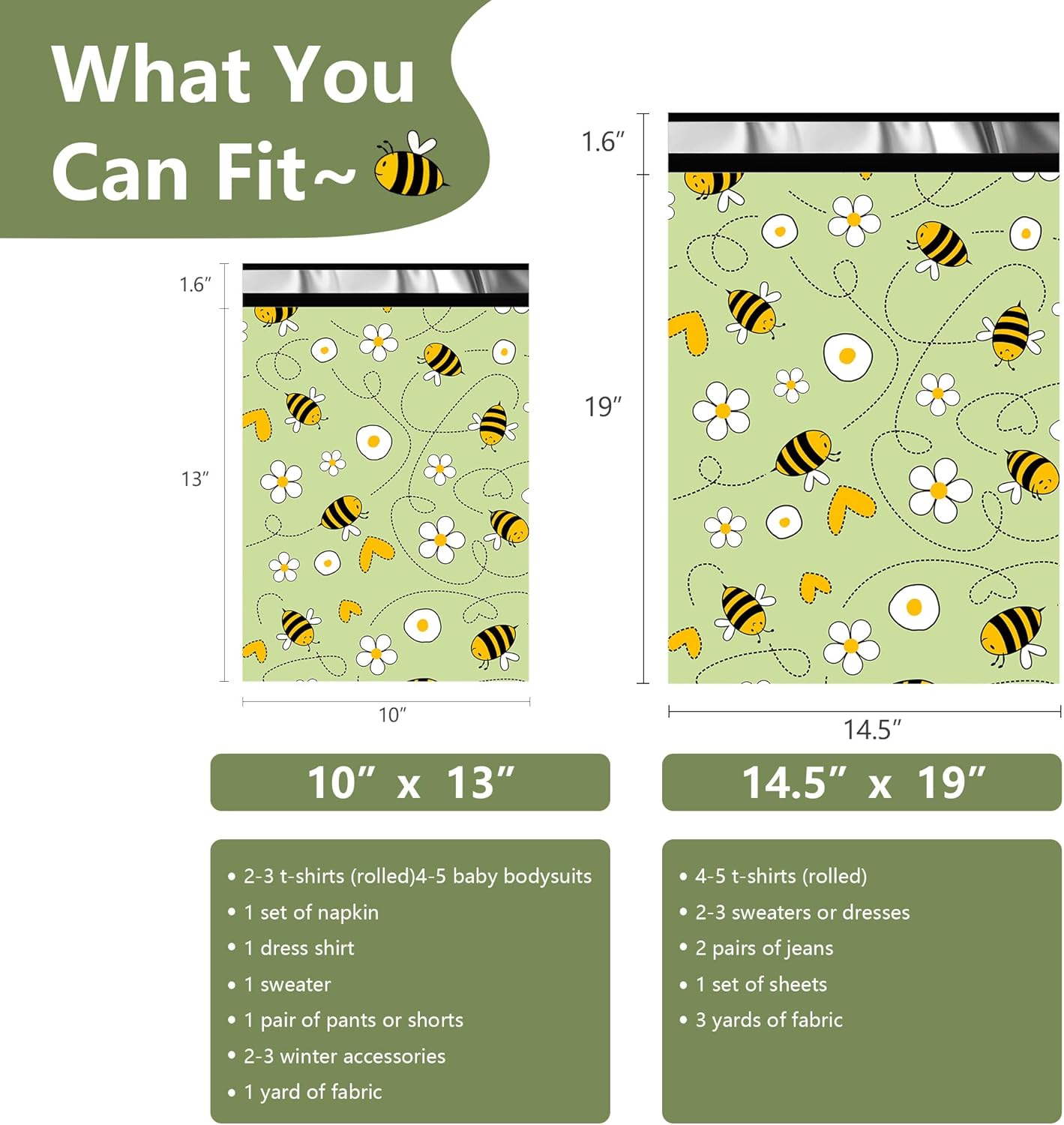 Poly Mailers 14.5x19 Inch 50 Pcs - Bee printed Shipping Bags, 2.4mil Thickness, Waterproof and Tear Resistant Mailing Envelopes, Self-Sealing Packaging Bags for Small Business