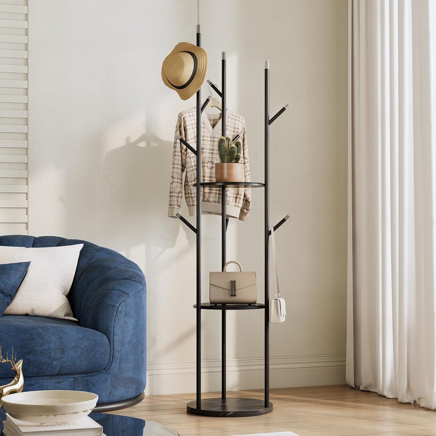 metal Coat Rack whit Marble base,heavy duty coat hanger Stand, Freestanding Coat Racks with 3 Shelves and 9 Hooks,Coat Tree for Entryway, Bedroom, Coats, Bags,purse