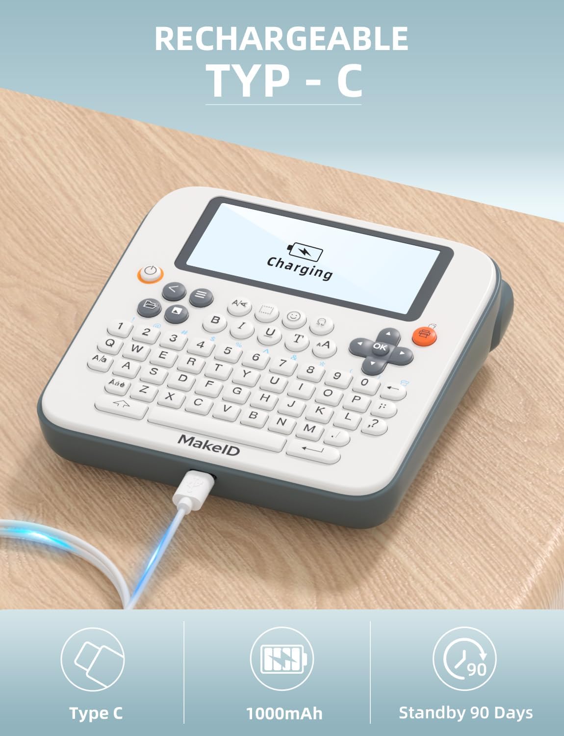 Makeid E1 Label Maker - Bluetooth Rechargeable Label Maker Machine - QWERTY Keyboard Labeler, 3.4" Backlighting LCD Screen - Prints 9~16mm Label - Home and Office Organization