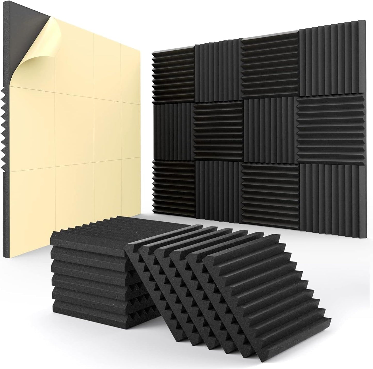 48 Pack Self-Adhesive Acoustic Panels - 1”X 12”X 12”Wall Panels - Quick-Recovery and High Density Sound Panels - Sound Proof Acoustic Foam for Home Studio - Black