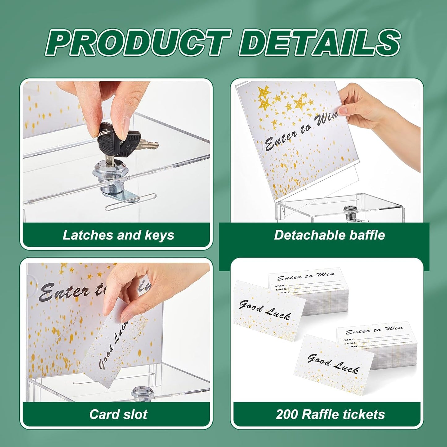Teling 2 Pcs Tall Acrylic Donation Box with Lock and Sign Plate 6.7 x 5 x 8 Inches Safe Suggestion Box and 200 Pcs Raffle Tickets Cards for Voting, Charity, Collection Supplies(Clear)