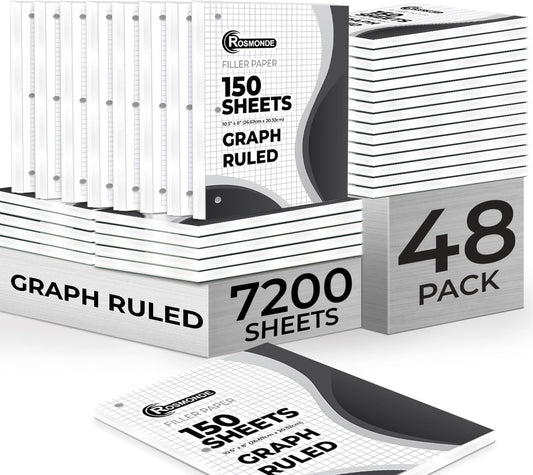 7200 Sheets Graph Paper Bulk, 48 Pack, Bulk Grid Paper, 4x4, 8" x 10.5", 3 Hole Punched, Quad Ruled Sheets, Thick Graphing Paper, Fights Ink Bleed, Bulk Loose Leaf Paper, Bulk School Supplies