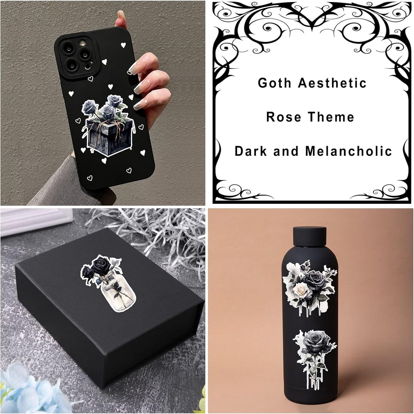 Dark Aesthetic Stickers 80 Pcs, Black Rose Stickers Goth Style Scrapbook Supplies, Water Bottle Vinyl Waterproof Sticker for Bullet Journal Laptop Skateboard Computer Guitar