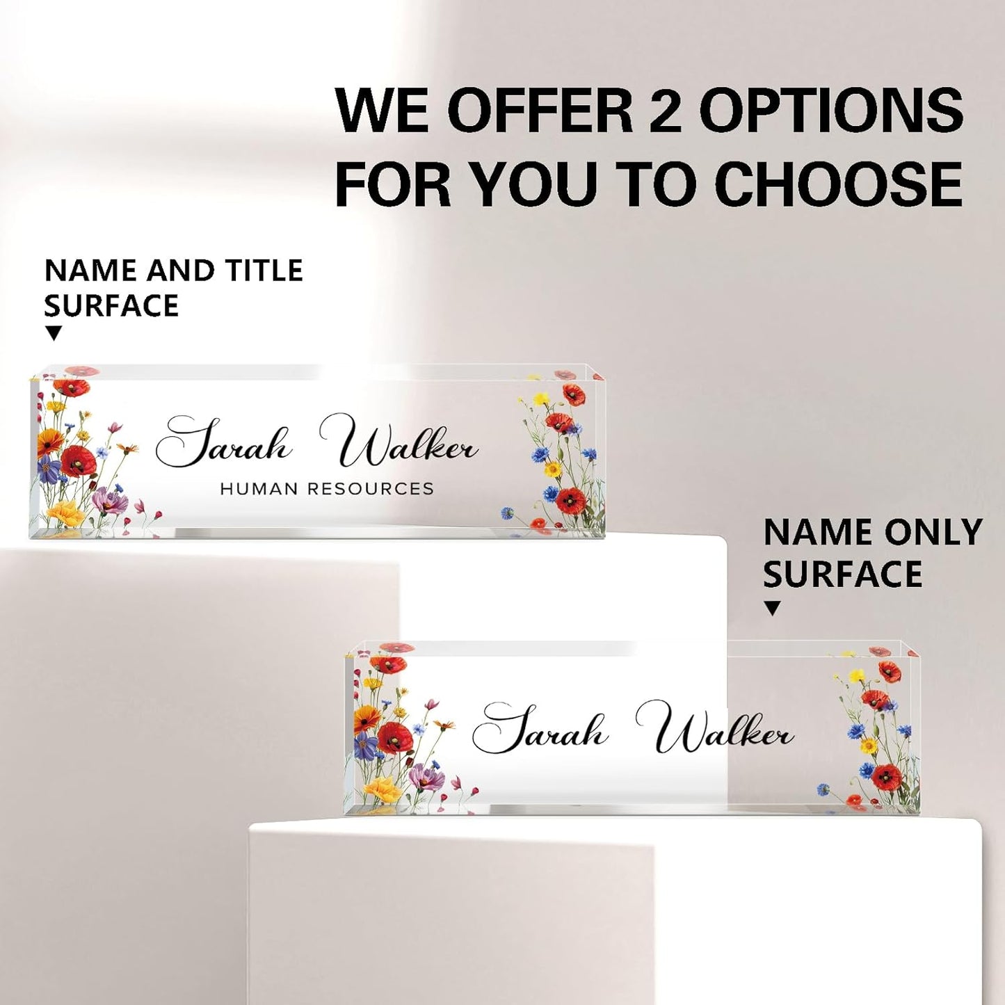 Name Plate for Desk, Desk Name Plate Personalized, Flowers Office Decor for Women Men, Acrylic Desktop Accessories, Office Gifts for Boss Nurse Teacher Coworker, Employee Appreciation Gift (Pink/Blue)