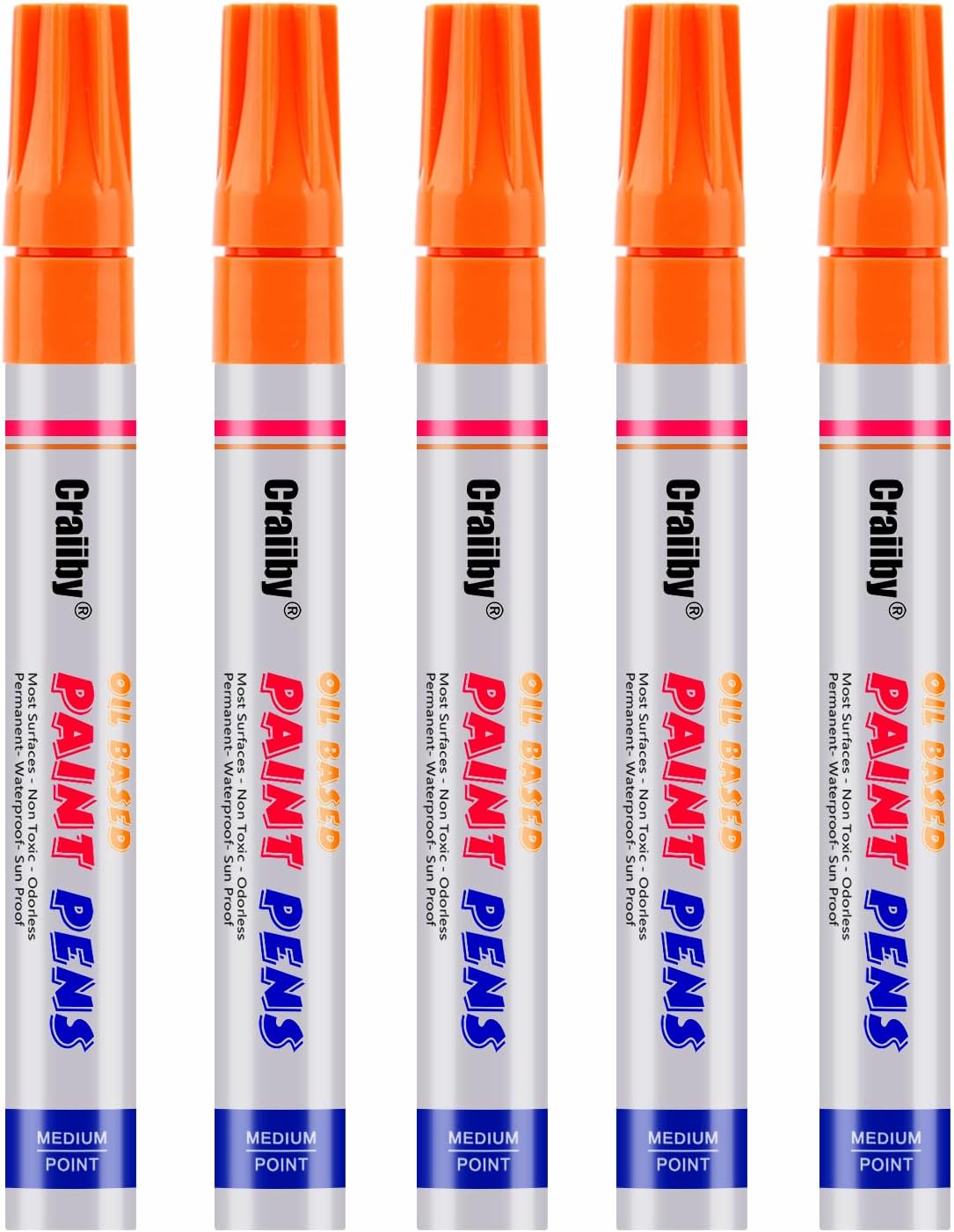 Orange Paint Markers, 5 Pack Oil-Based Waterproof Quick Dry Permanent Paint Pen Set for Rocks Painting, Wood, Fabric, Plastic, Canvas, Glass, Mugs, Metal, Tire, Stone, DIY Craft