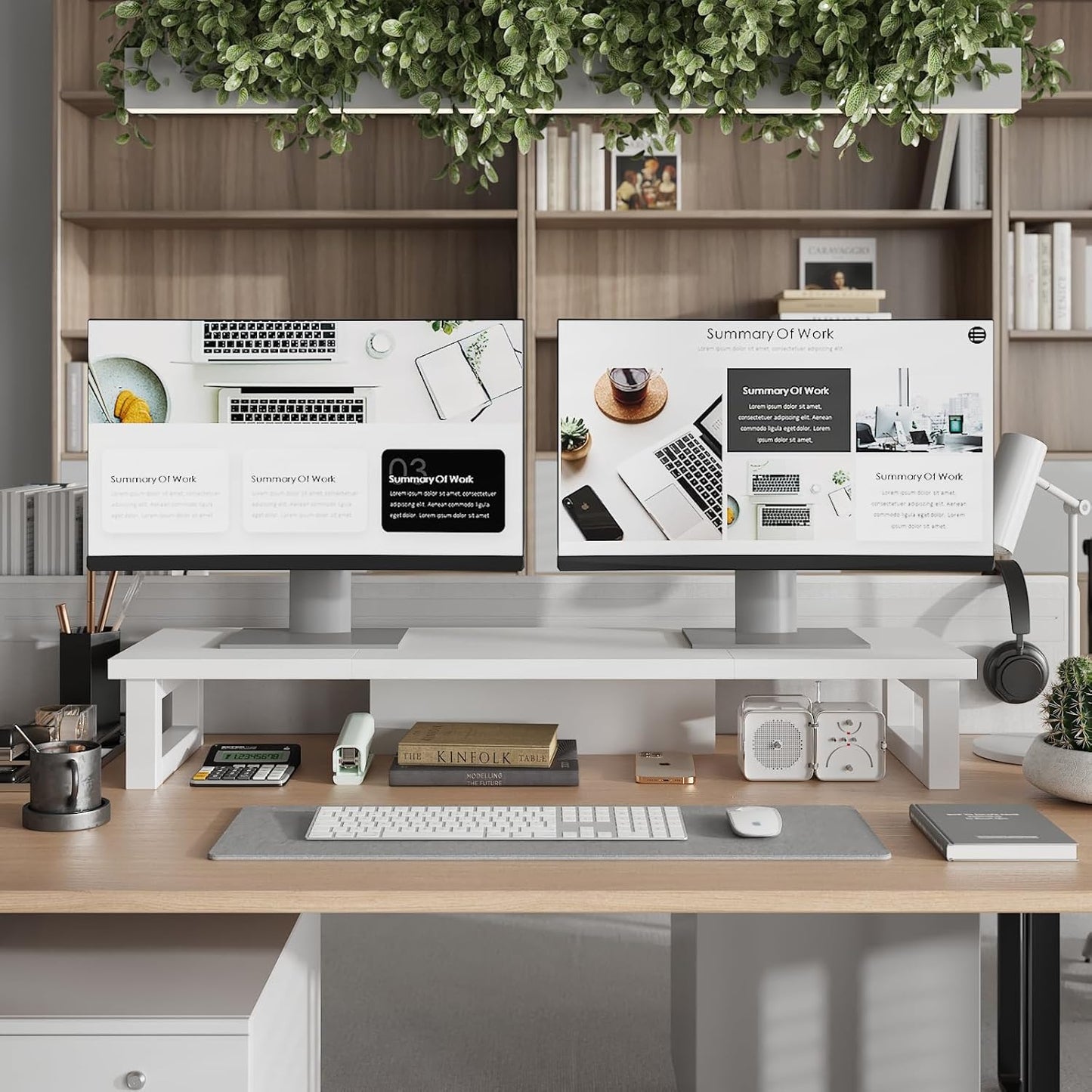 WESTREE Dual Monitor Stand Riser, Wood and Steel Monitor Stand Riser, Computer Monitor Stand for 2 Monitors, Multi-Purpose Desktop Storage Stand for Computer,Laptop,Printer,TV