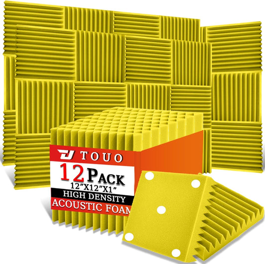 12 Pack Acoustic Panels – Sound Proof Foam Panels for Wall 12"x12"x1", Flame Retardant Wedge Acoustic Foam, High-Density Sound Absorbing Panels for Home Studio(Yellow, 1" Thick 12 Pack)