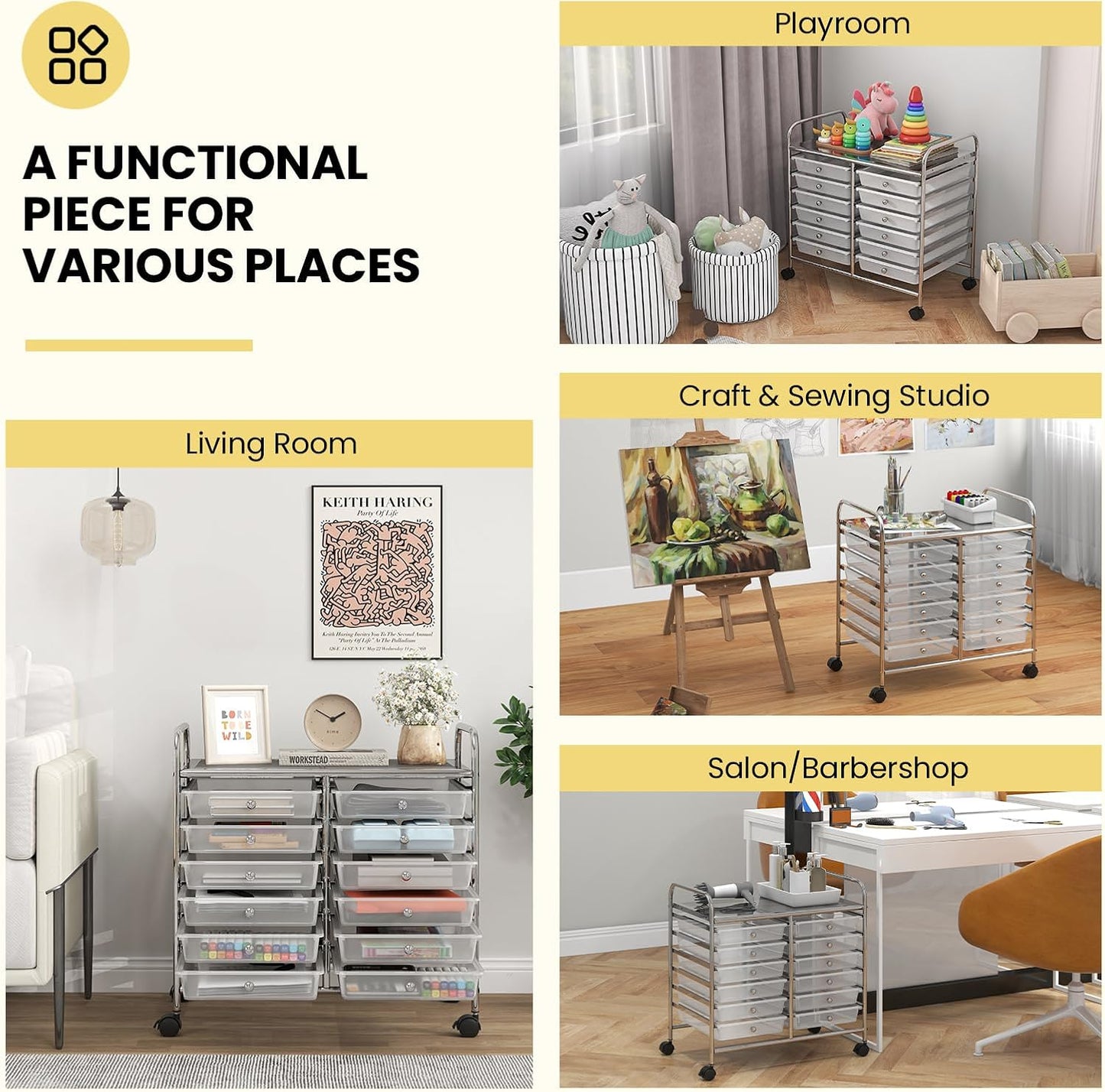 Giantex 12 Drawers Rolling Cart, Mobile Storage Drawer Cart, Classroom Organizer Cart for Office School Supplies Tools Scrapbook Paper Craft Small Printer, Utility Cart on Wheels, Clear