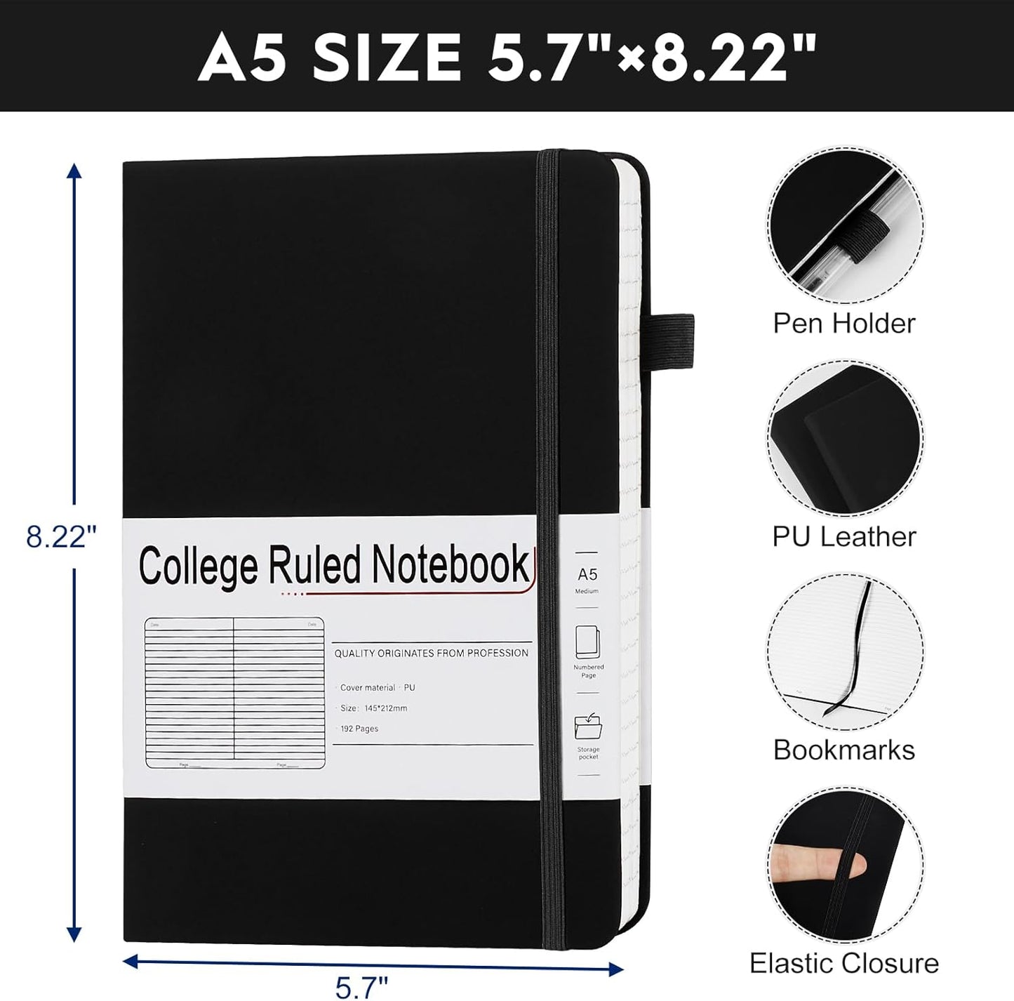 A5 Lined Journal Notebooks for Work, 192 Pages, Medium 5.7 x 8.3inch, College Ruled, Vegan Leather Hardcover Journals for Women Men,8 Pack