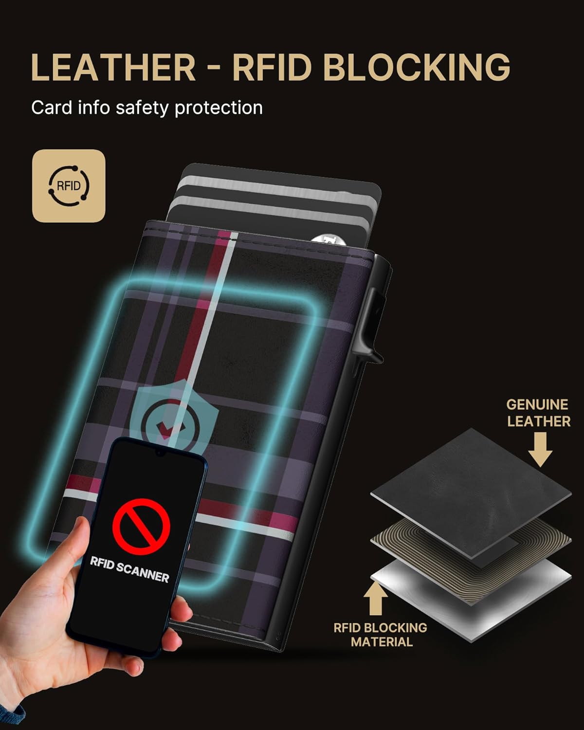 typecase Mens Wallet Card Holder: Pop Up Aluminum Case, Carbon Fiber Leather, Smart, RFID Blocking, Slim, Minimalist, Front Pocket - 9-14 Card Capacity | ID Window | Cash Slot (Plaid)