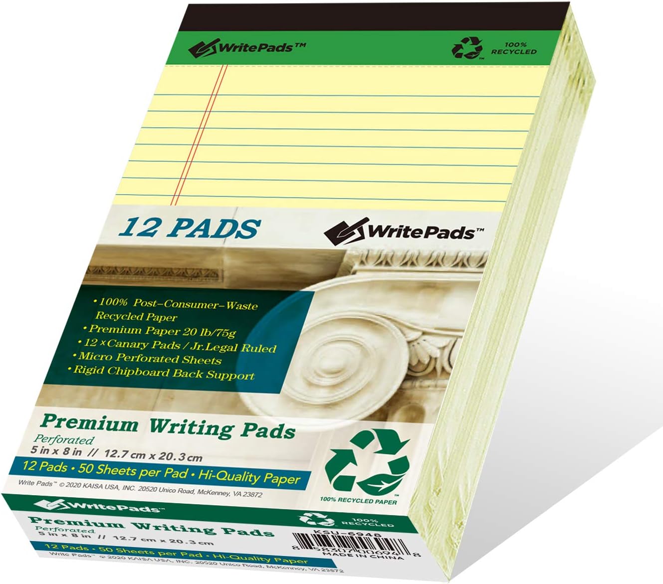 KAISA Thick Legal Pad Small Writing Pads, 5“x8” Legal Pad Narrow Ruled With Rigid Chipboard Back Support, 50sheets Perforated 20lb Recycled Paper Pads, Canary 12pad, KSU-6948