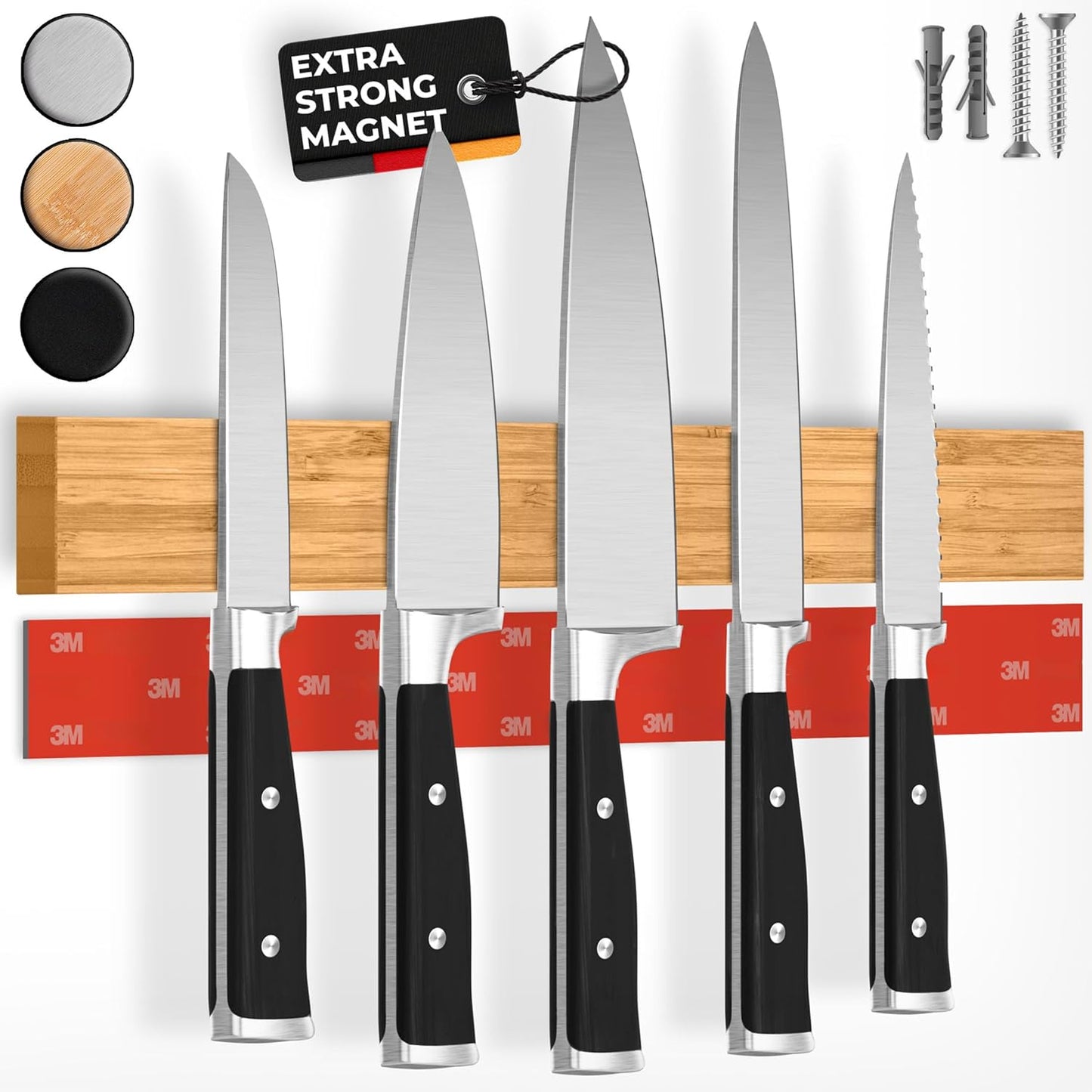 CUCINO Magnetic Knife Holder for Wall 16" No Drilling incl. Self Adhesive Tape - Extra strong Knife Holder - Awarded Knife Magnetic Strip - Made of Bamboo