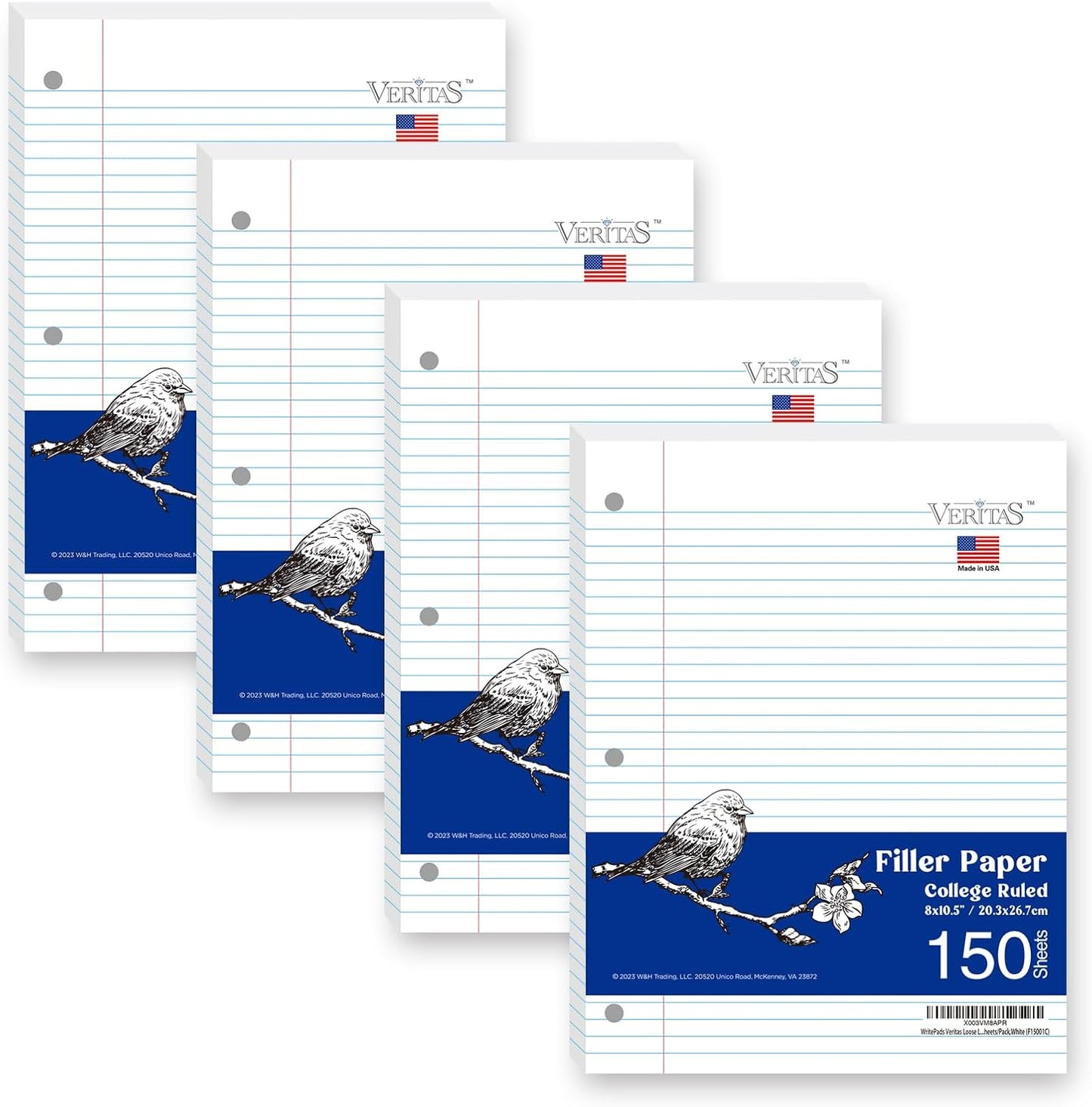 Notebook Paper College Ruled Loose Leaf Paper, Standard 8"x10-1/2",3 Hole Punched Binder Paper For 3 Ring Binder,150 Sheets/Pack, 4 Pack, White, MADE IN USA