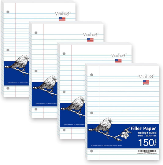 Notebook Paper College Ruled Loose Leaf Paper, Standard 8"x10-1/2",3 Hole Punched Binder Paper For 3 Ring Binder,150 Sheets/Pack, 4 Pack, White, MADE IN USA