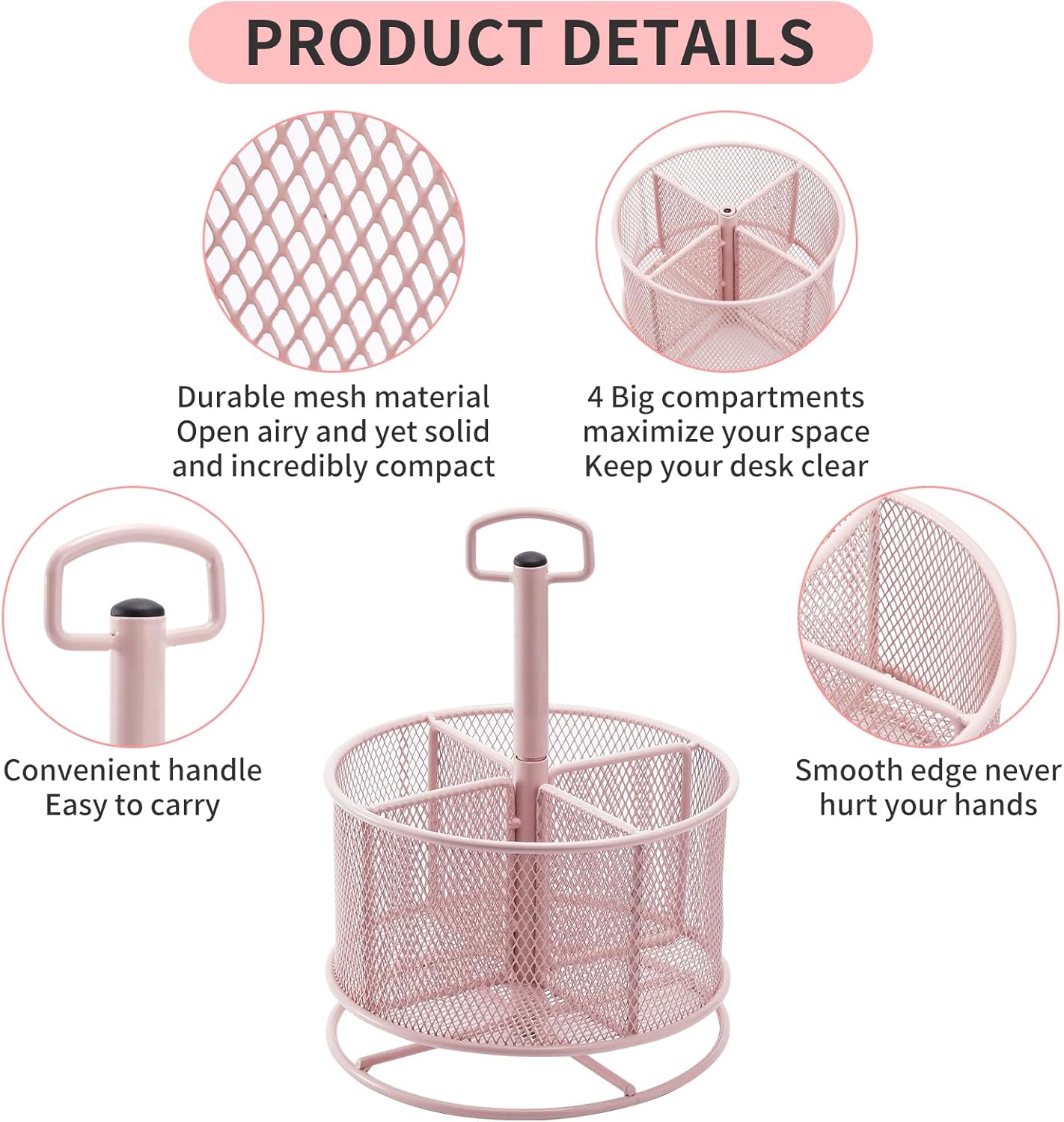 Marbrasse Mesh Desk Organizer, 360-Degree Rotating Multi-Functional Pen Holder, 4 Compartments Desktop Stationary Organizer, Home Office Art Supply Storage Box Caddy (Pink)