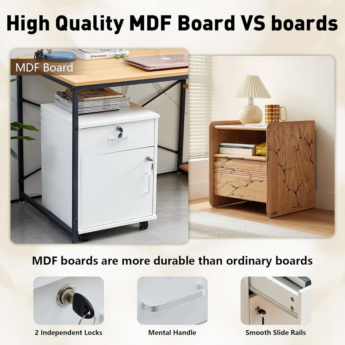 TUKAILAi Mobile File Cabinet with Lockable Drawer & Door, Under Desk Rolling Filing Cabinet with 4 Wheels, Wooden Stationery Storage Cabinet for Home Office (White)