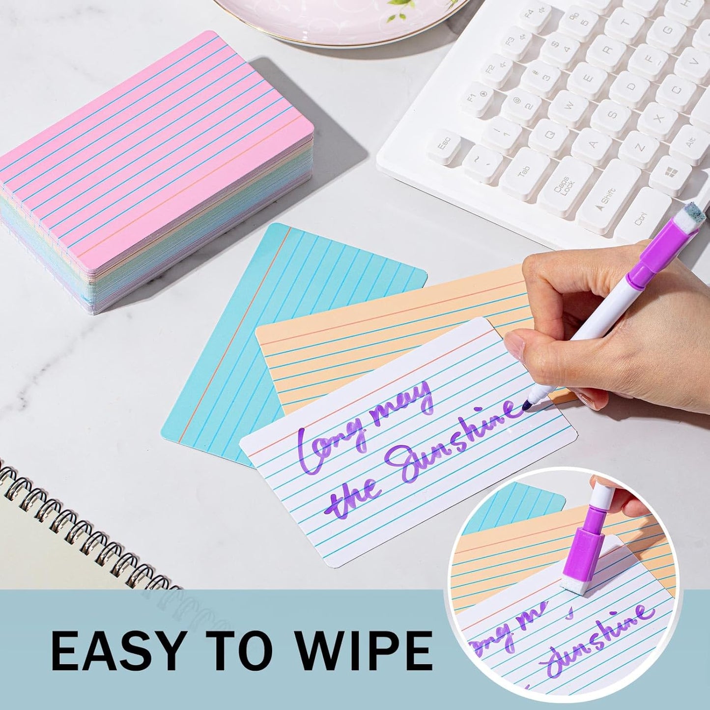 Harloon 100 Pcs Dry Erase Index Cards 3 x 5 Inch Laminated Reusable Dry Erase Note Cards Sheets for Office to Do List (Ruled Candy Color)