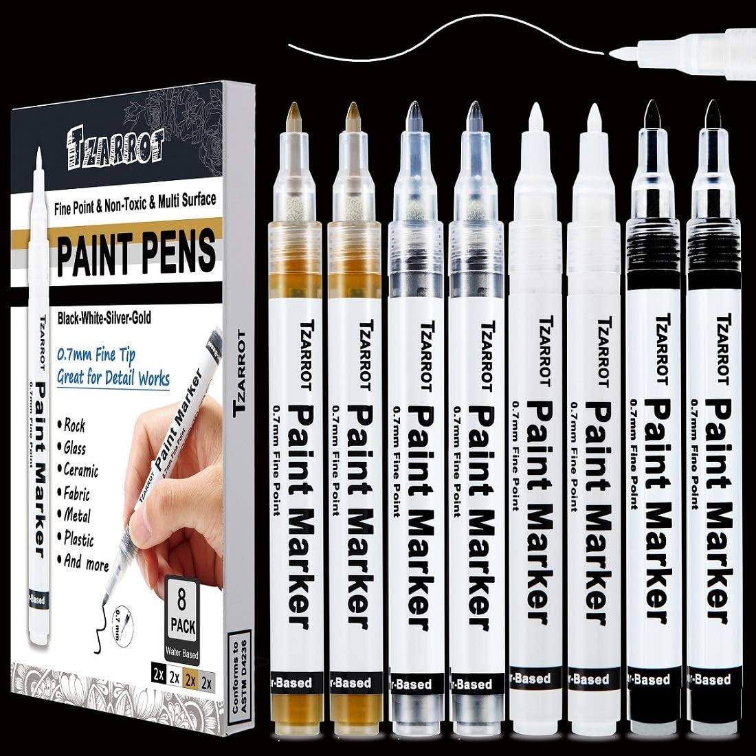TZARROT White Paint Pen, 8 Pack 0.7mm Acrylic Paint Pens with 2 White 2 Black 2 Gold 2 Silver Permanent Marker for Wood Rock Fabric Metal Plastic Ceramic Acrylic Markers Extra Fine Tip