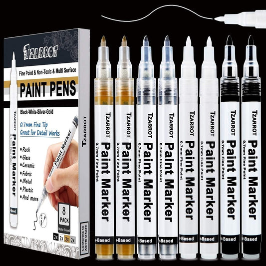 TZARROT White Paint Pen, 8 Pack 0.7mm Acrylic Paint Pens with 2 White 2 Black 2 Gold 2 Silver Permanent Marker for Wood Rock Fabric Metal Plastic Ceramic Acrylic Markers Extra Fine Tip