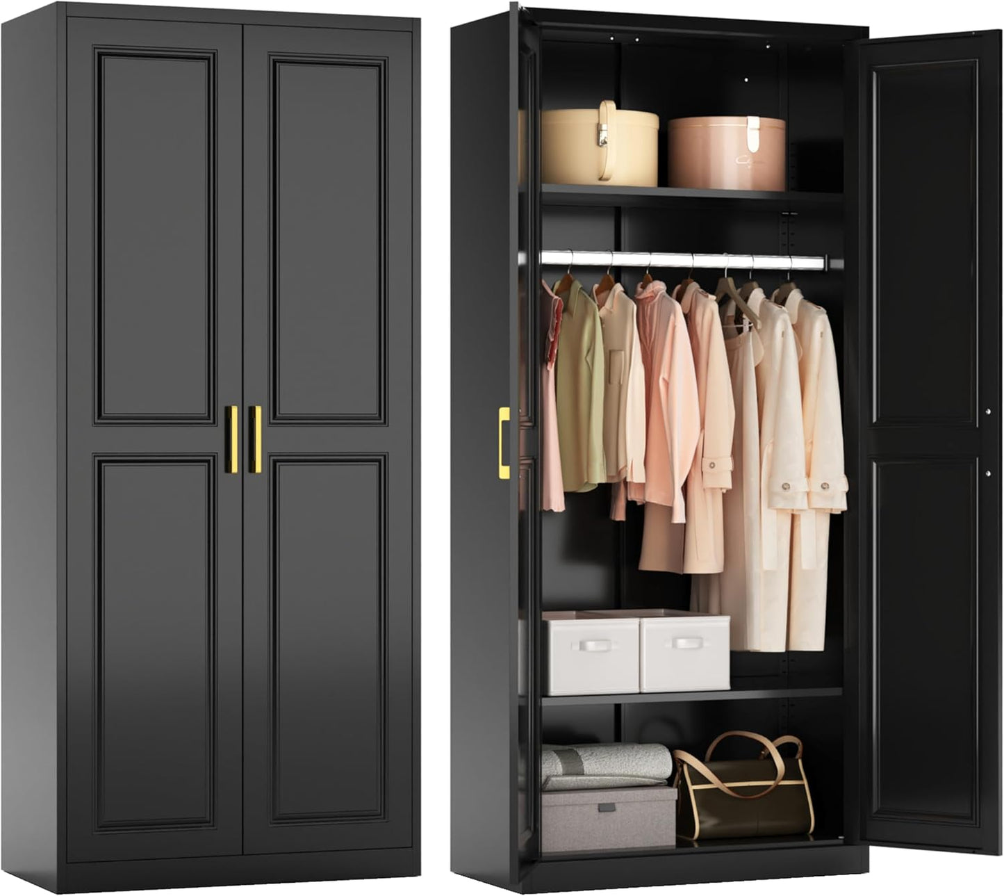 Metal Armoire Wardrobe Closet with Hanging Rod, 71" Tall Wardrobe Cabinet for Clothes, Black Clothing Storage Cabinet with Doors and Shelves, Large Wardrobes for Bedroom-Assemble Required